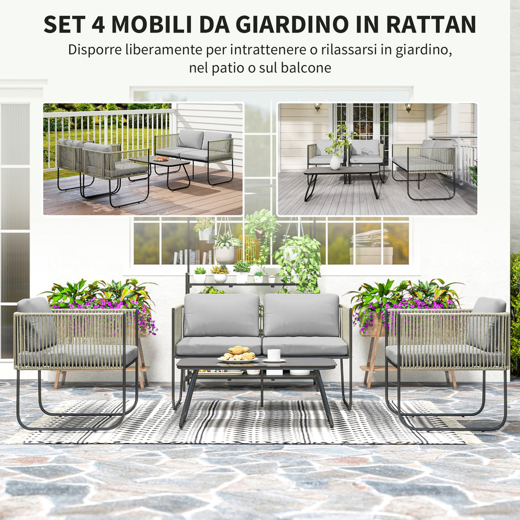 EasyComfort Rattan tuinset 2-zits bank + 2 fauteuils + glazen tafel