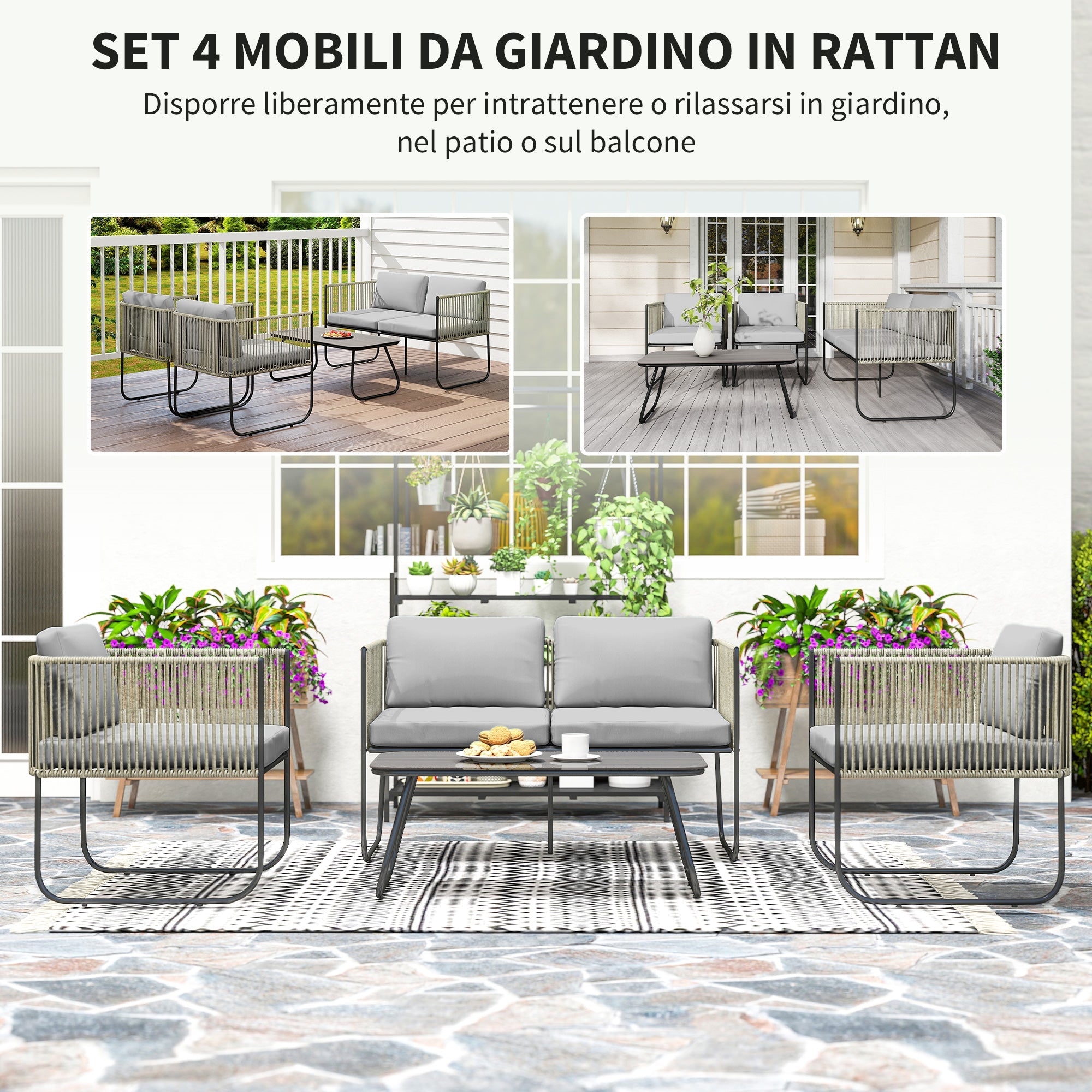EasyComfort Rattan tuinset 2-zits bank + 2 fauteuils + glazen tafel