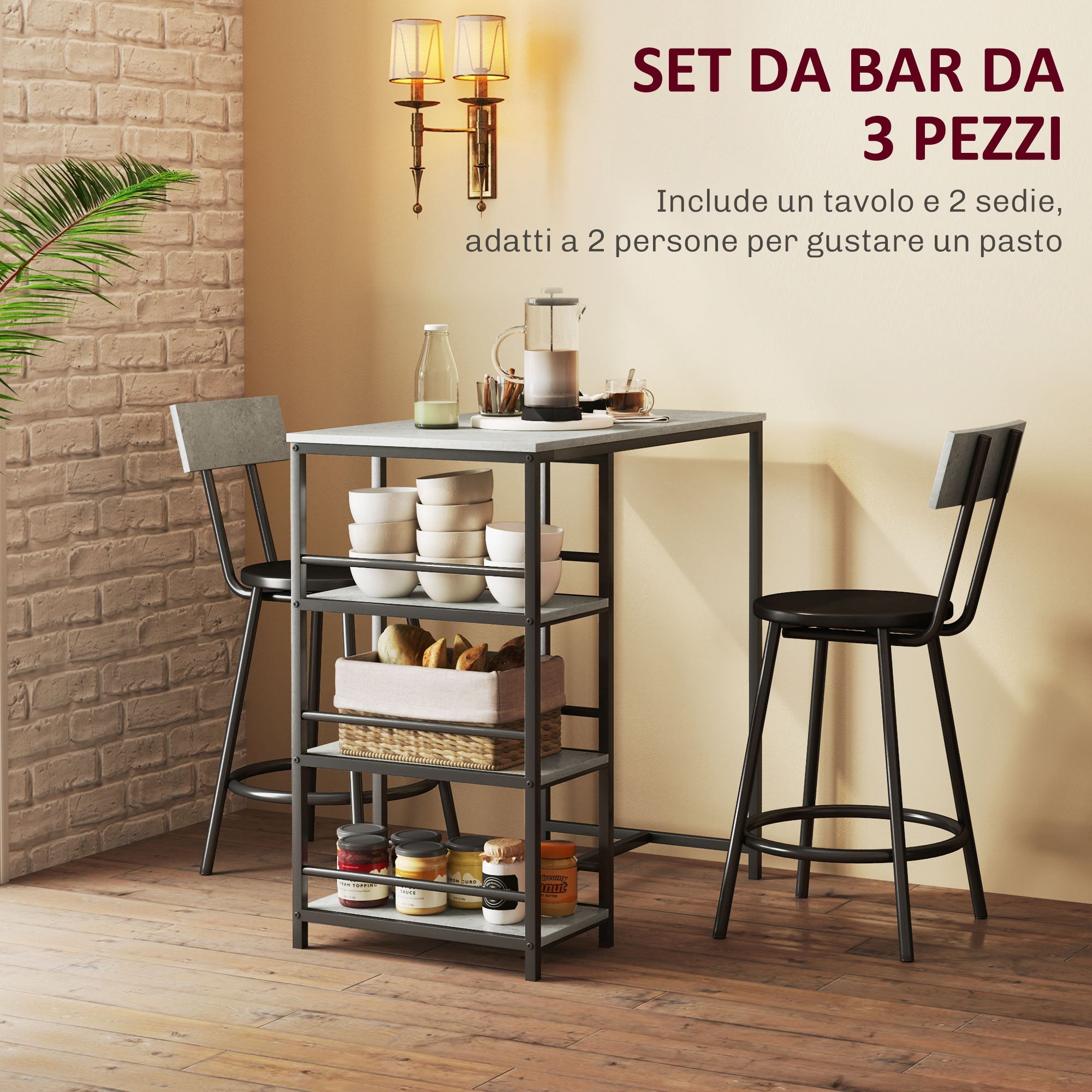 EasyComfort 3-delige eetset bartafel met 2 barkrukken, lichtgrijs