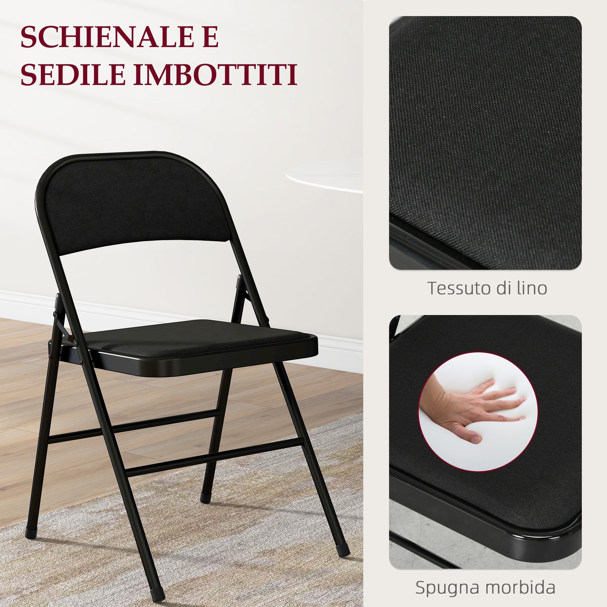 EasyComfort Set di 4 Sedie Pieghevoli with Seduta Imbottita in poliestere e Struttura in Acciaio, black