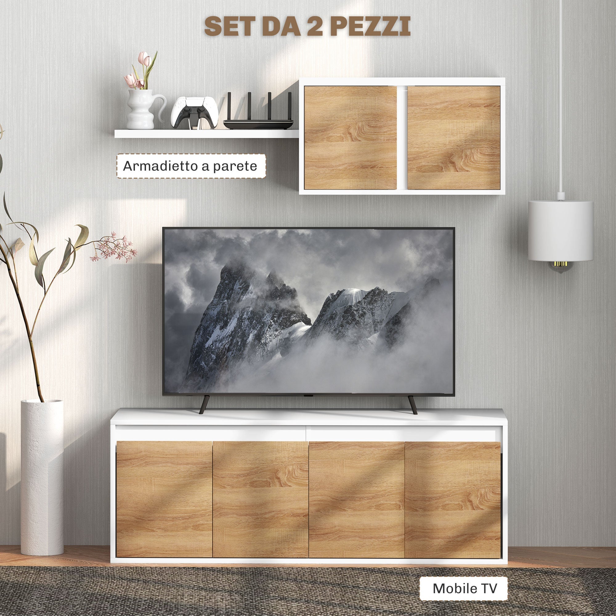 EasyComfort set TV-meubel en wandkast 120x41x43.3 cm, wit/hout