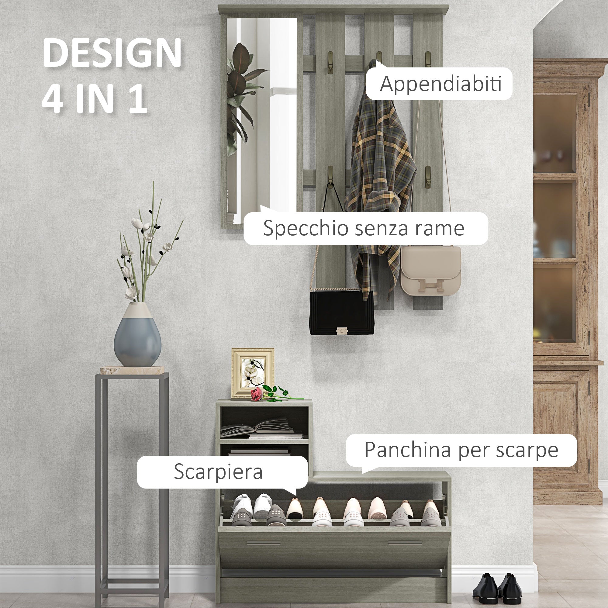 EasyComfort Set Mobili da Ingresso halmeubelset 4‑in‑1 met schoenenbank voor 8 paar
