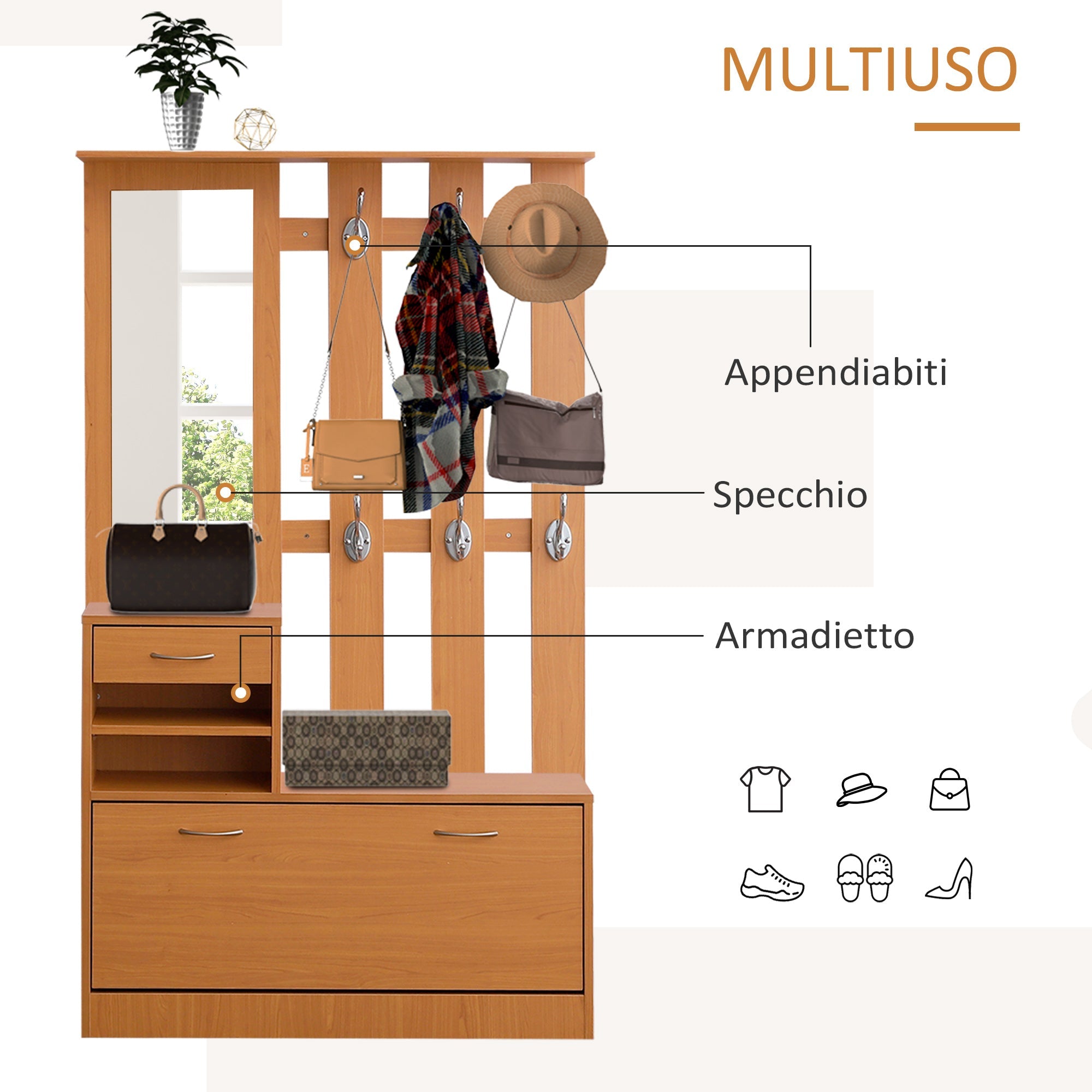 Easycomfort Set Mobili Ingresso Moderno with Scarpiera e Specchio, Appendiabiti da Ingresso with 6 Ganci, 2 Ripiani Regolabili e Cassetti in Legno per Corridoio, 90x24x177 cm, Legno