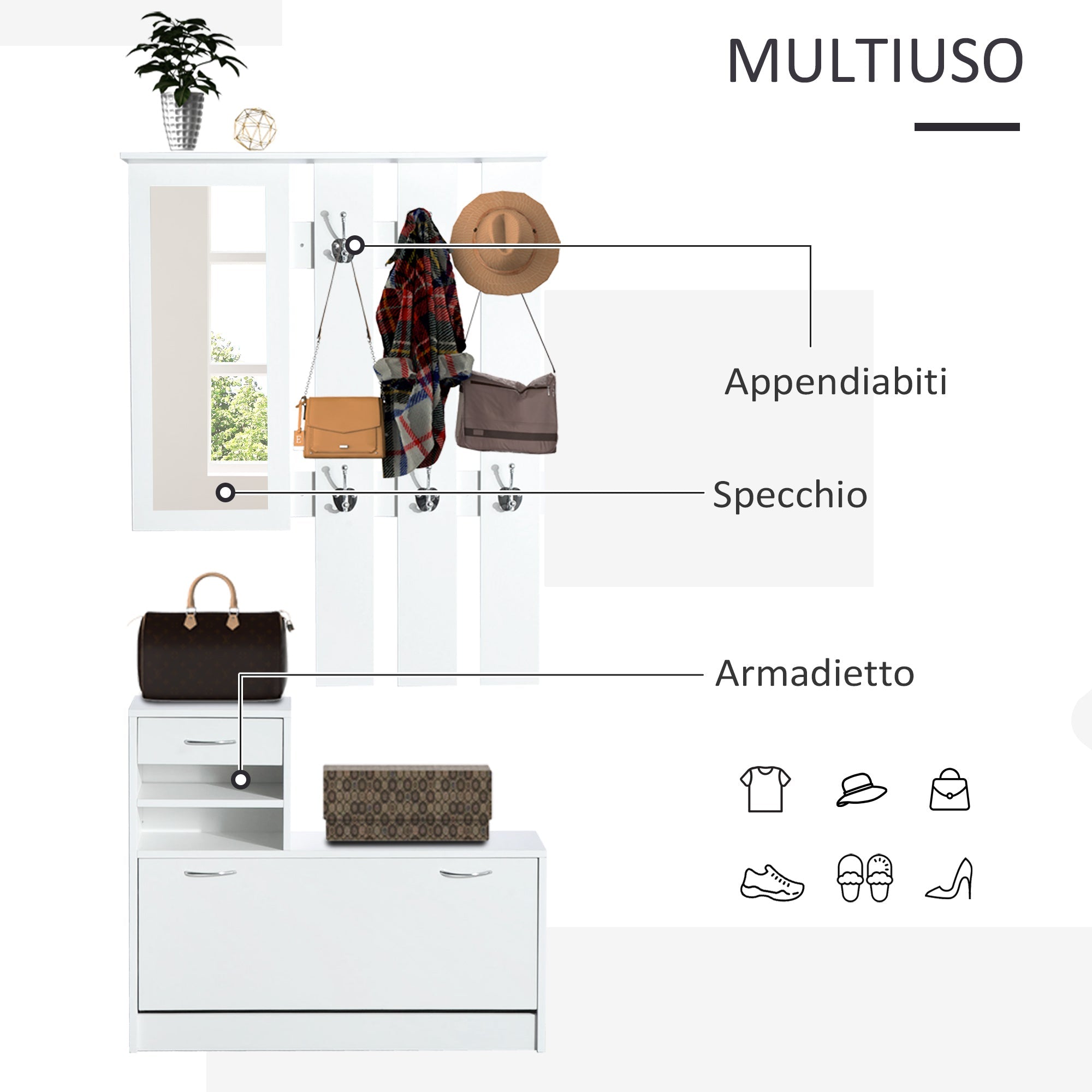Easycomfort Set Mobili Ingresso Moderno with Scarpiera e Specchio, Appendiabiti da Ingresso with 6 Ganci, 2 Ripiani Regolabili e Cassetti in Legno per Corridoio, 90x24x177 cm, white