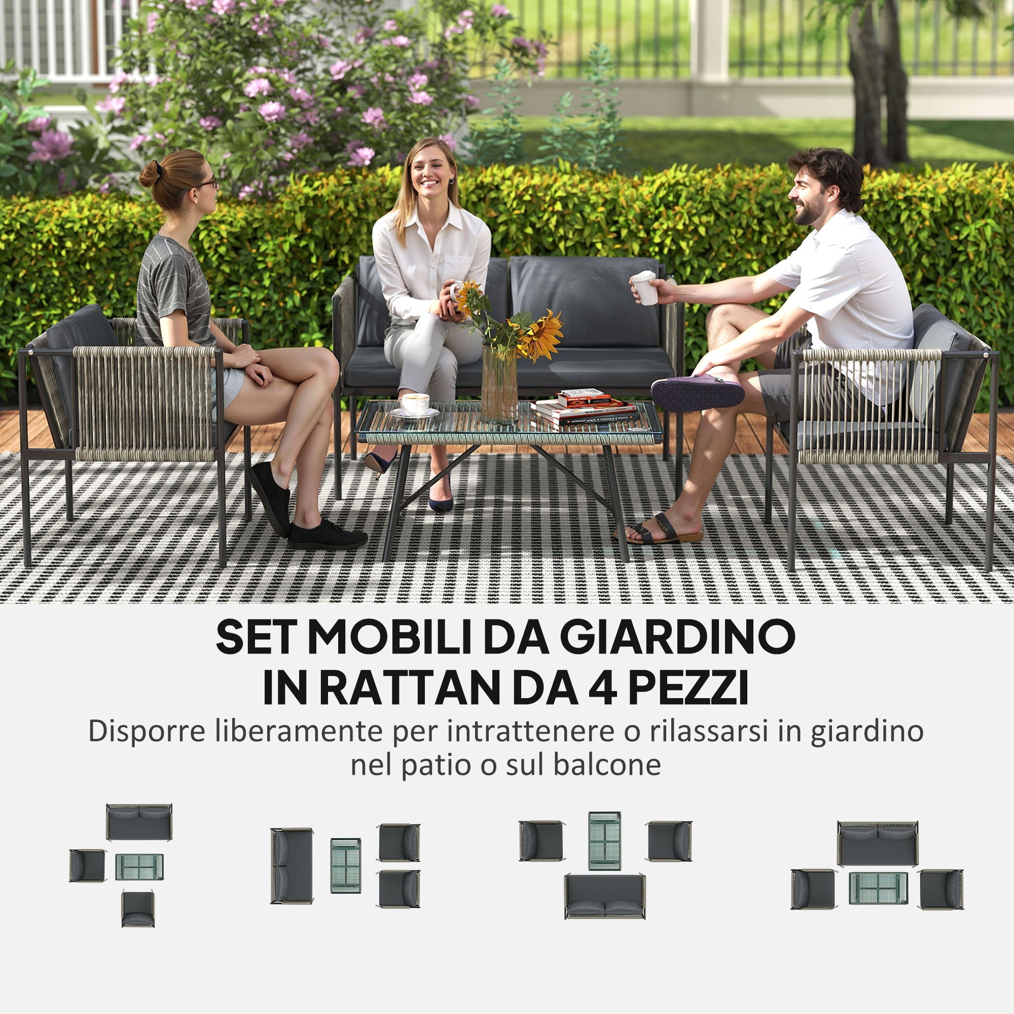 EasyComfort 4‑zits rattan loungeset met glazen tafel, grijs