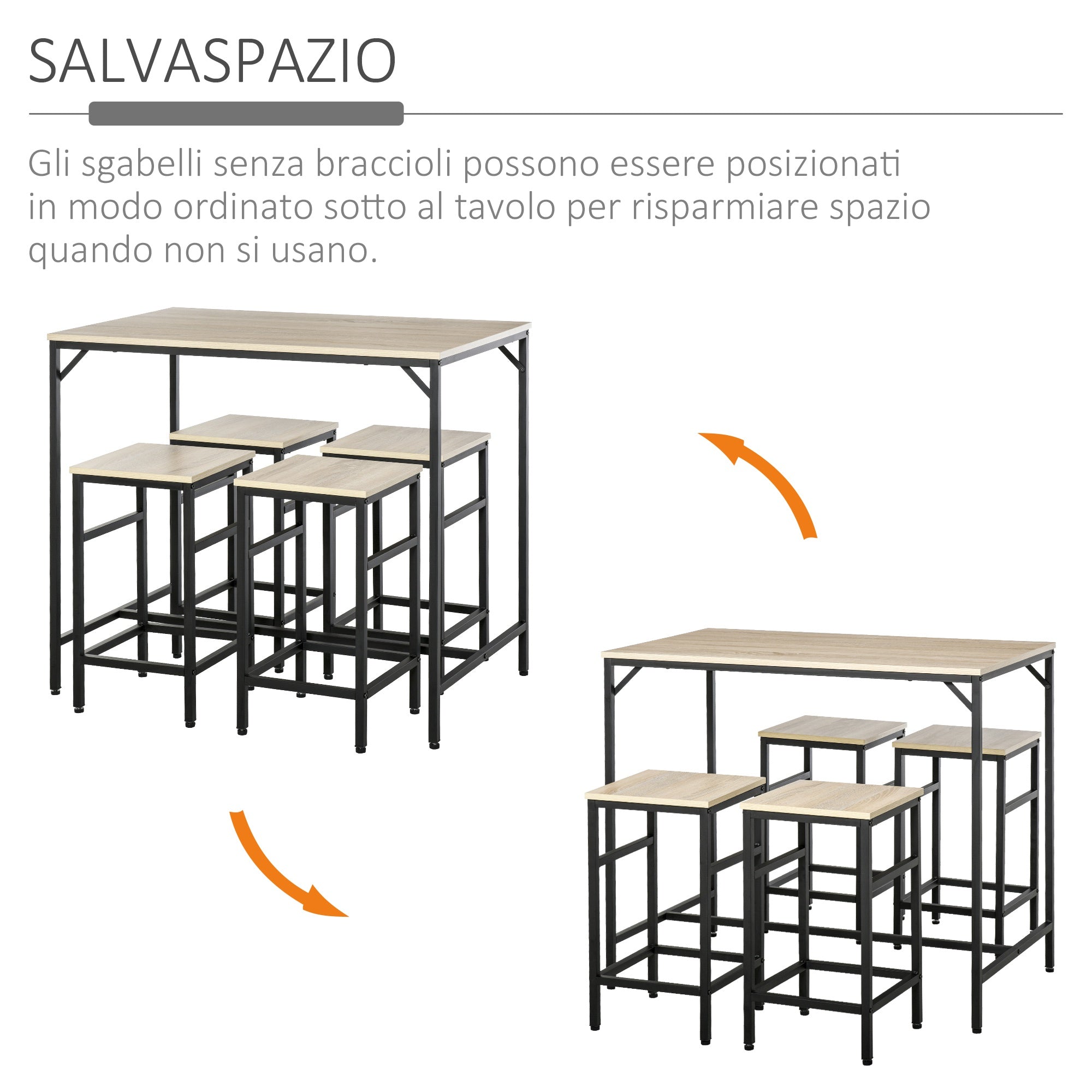 Easycomfort Set Tavolo Alto with 4 Sgabelli Stile Industriale in Metallo e Legno, Rovere Chiaro