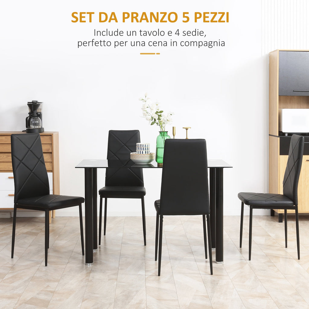 EasyComfort Set Tavolo da Pranzo with 4 Sedie, Piano in Vetro e Sedie Imbottite in Finta Pelle, black