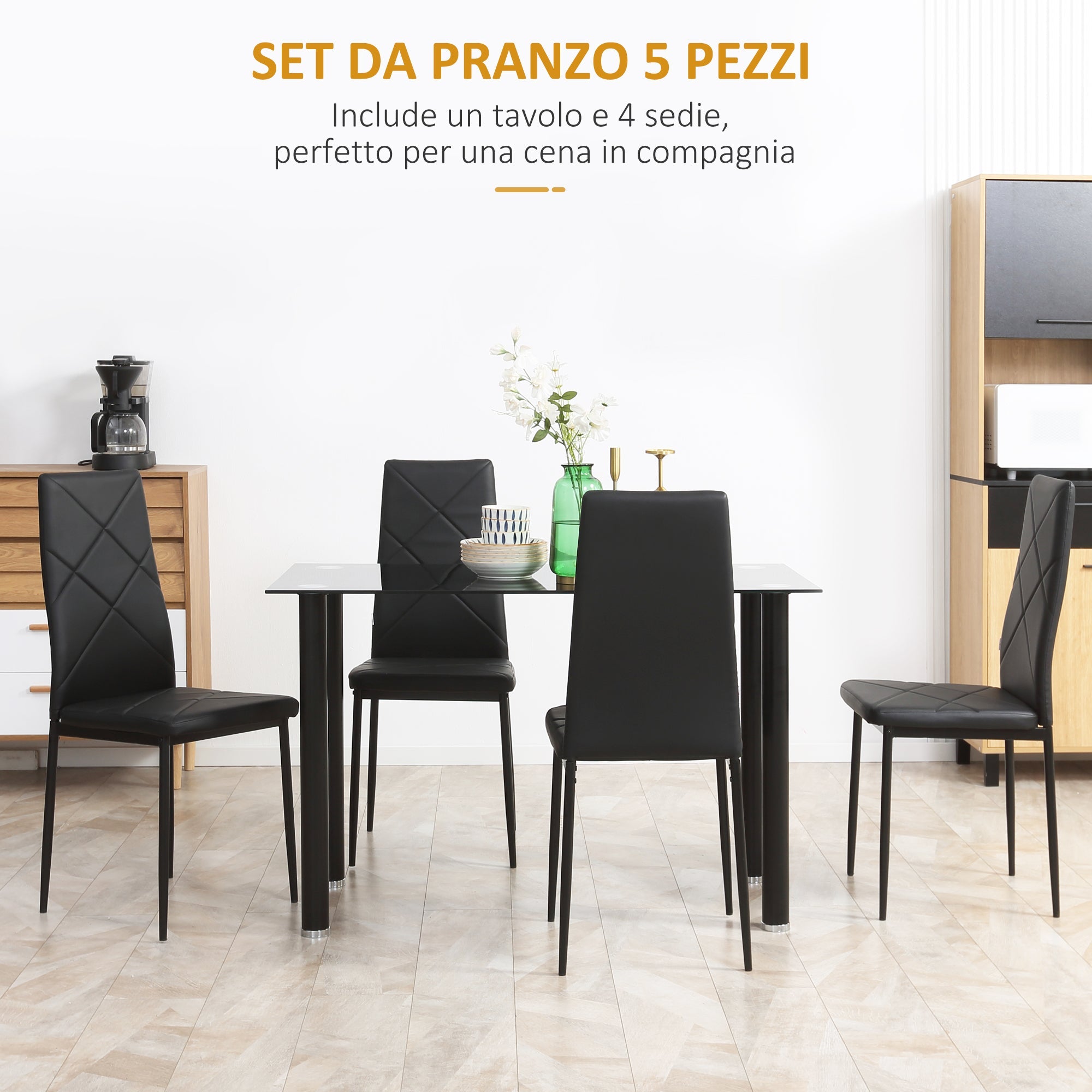 EasyComfort Set Tavolo da Pranzo with 4 Sedie, Piano in Vetro e Sedie Imbottite in Finta Pelle, black