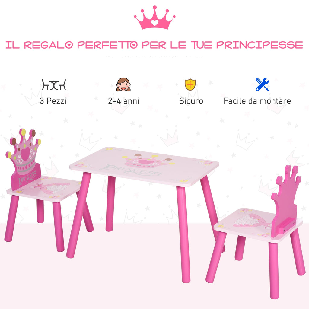 EasyComfort kinderset tafel en 2 stoelen met kroonrugleuning - roze