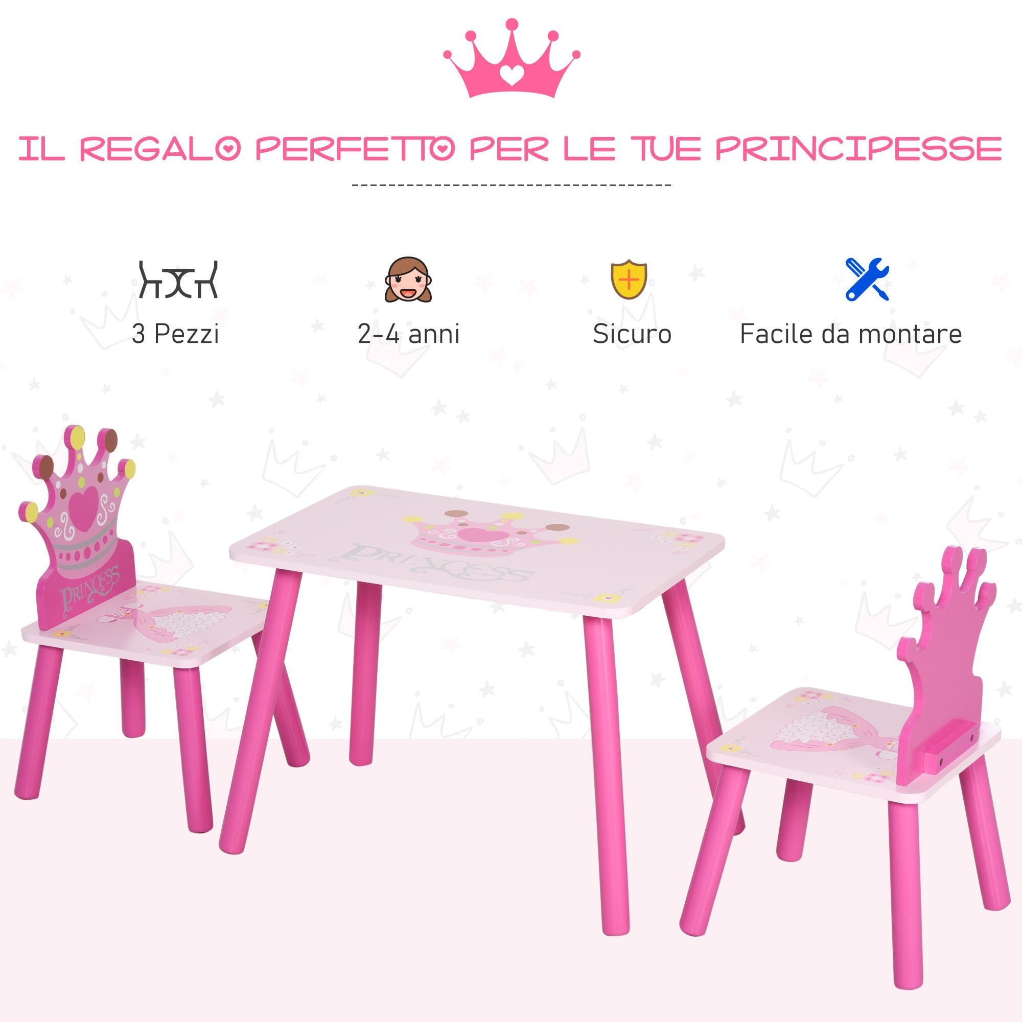 EasyComfort kinderset tafel en 2 stoelen met kroonrugleuning - roze