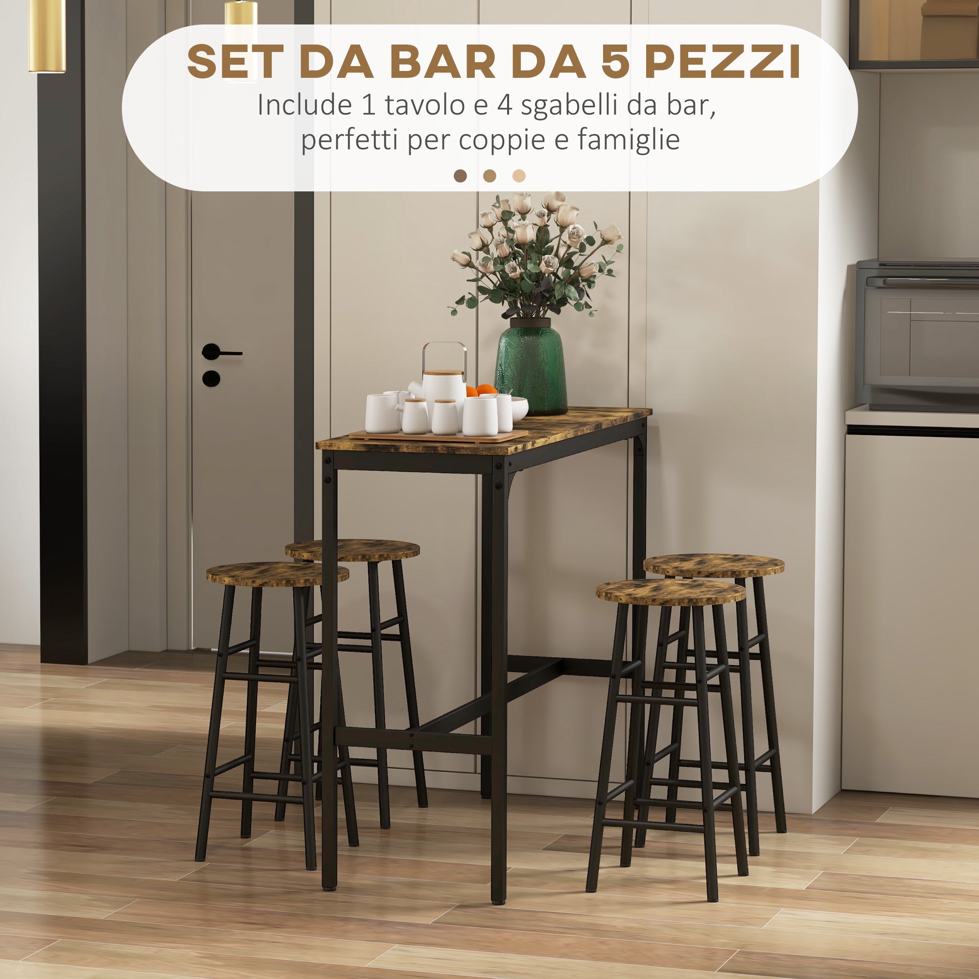 EasyComfort 5-delig barset met tafel en 4 krukken, zwart/bruin