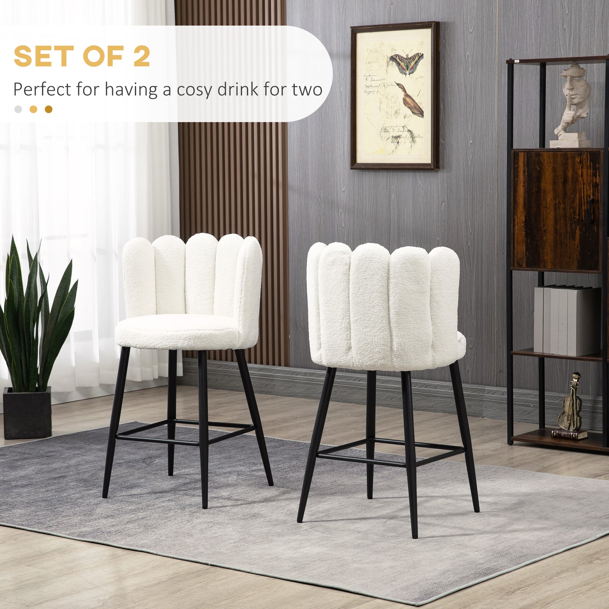EasyComfort Set 2 Sgabelli Alti imbottiti with Poggiapiedi Regolabile Moderno da Cucina Pz in Poliestere, Acciaio e Gommapiuma, white crema