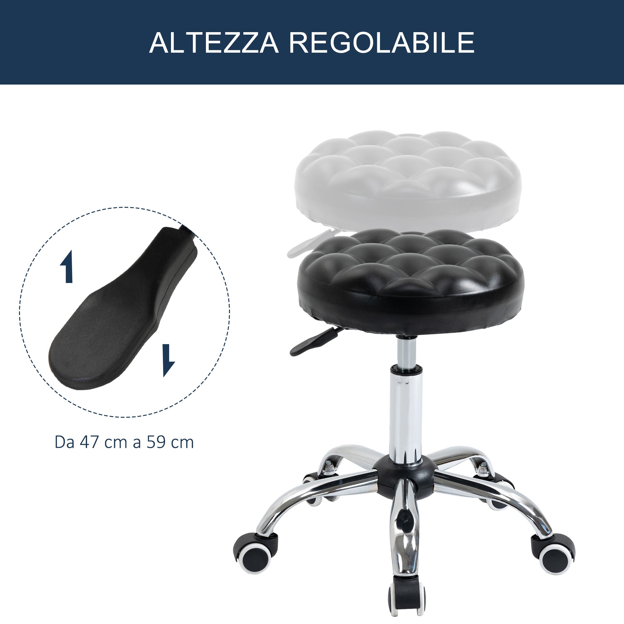 Easycomfort Sgabello ad Altezza Regolabile with 5 Ruote, in Acciaio, Gommapiuma e pelle PU, ?48x47-59Acm