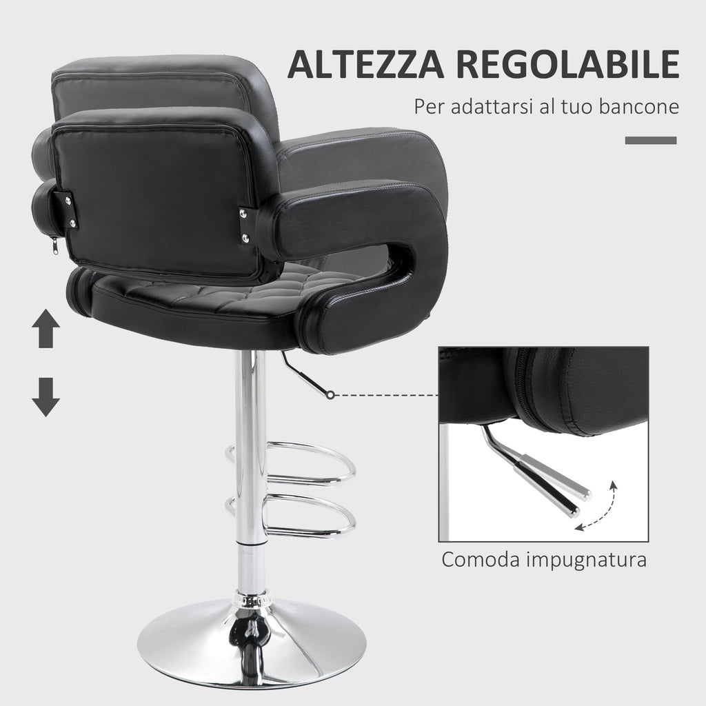 EasyComfort Barkruk met Rugleuning en Armleuningen, Zwart kunstleer, 63.5-83.5 cm