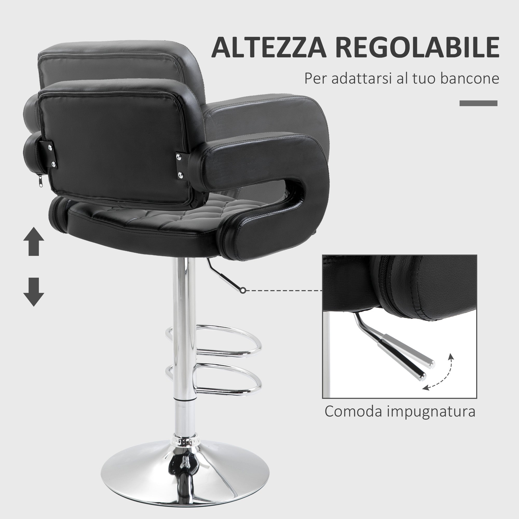 EasyComfort Barkruk met Rugleuning en Armleuningen, Zwart kunstleer, 63.5-83.5 cm