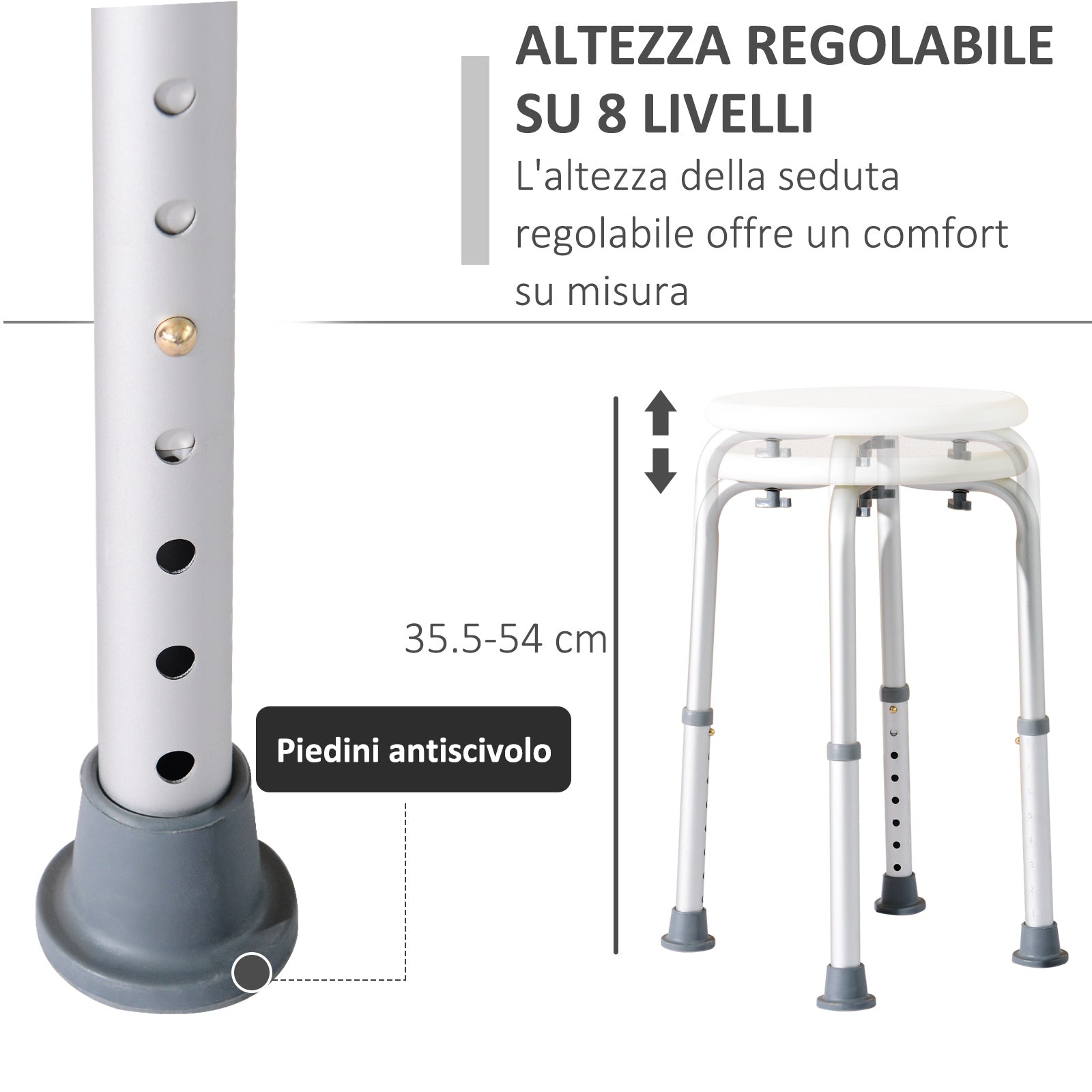 Easycomfort Sgabello da Doccia per Anziani with Ausilio Rotondo, Sedia da Bagno per Disabili with Altezza Regolabile 8 Posizioni, Piedini Antiscivolo, in Alluminio e PE, white