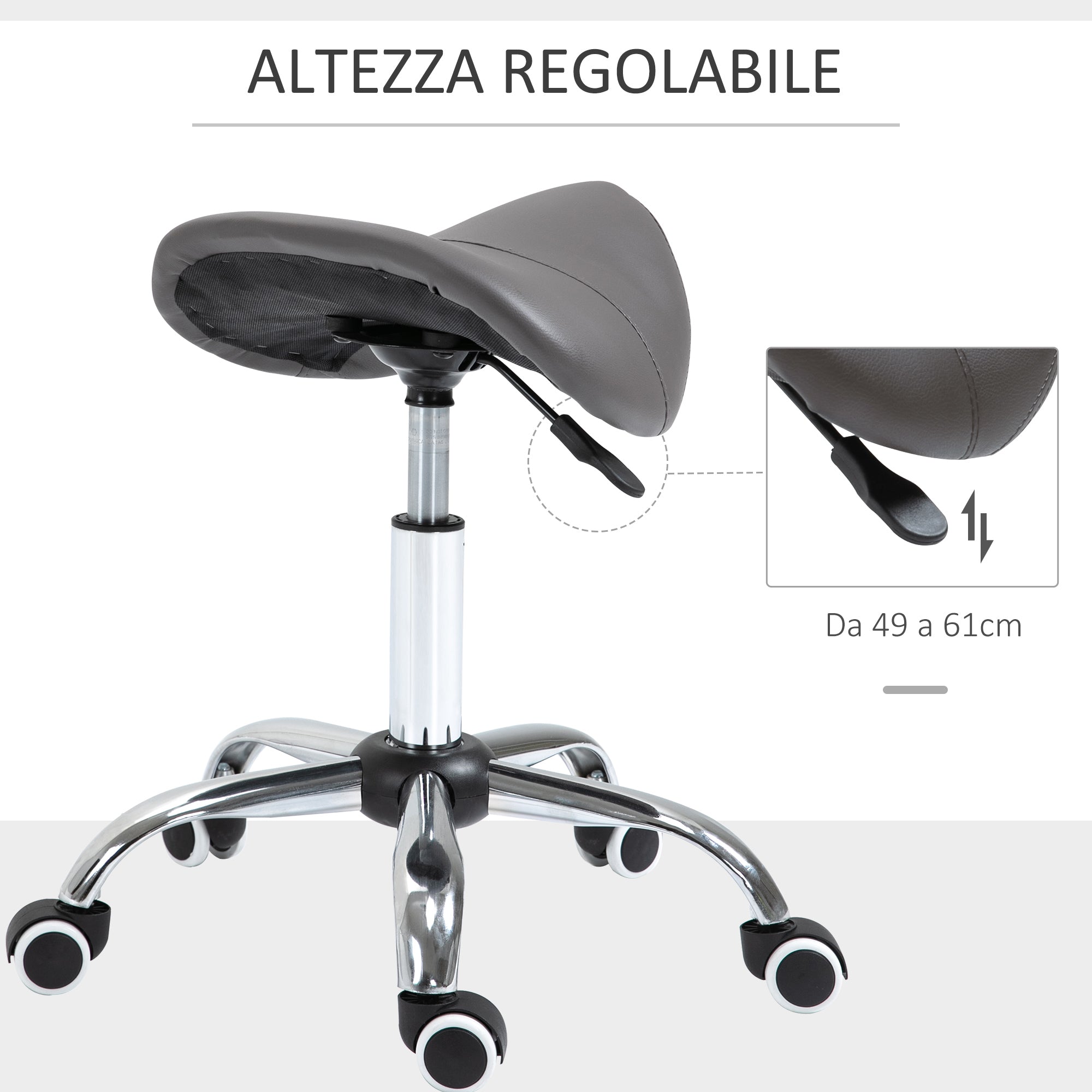 Easycomfort Sgabello da Lavoro a Sella with Ruote e Altezza Regolabile per Negozi Parrucchiere e Tattoo, 52x53x49-61cm Grigio