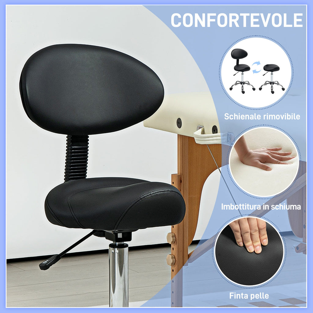 EasyComfort Sgabello Estetista with Ruote e Schienale, Altezza Regolabile e Seduta Girevole in Finta Pelle, black