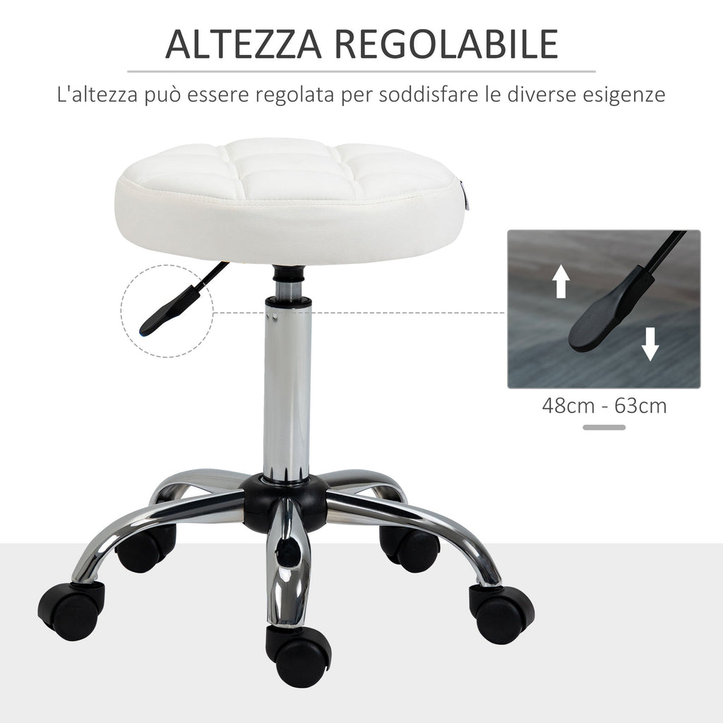 EasyComfort Sgabello Girevole Rotondo with Ruote, Altezza Regolabile e Rivestimento in Finta Pelle, white