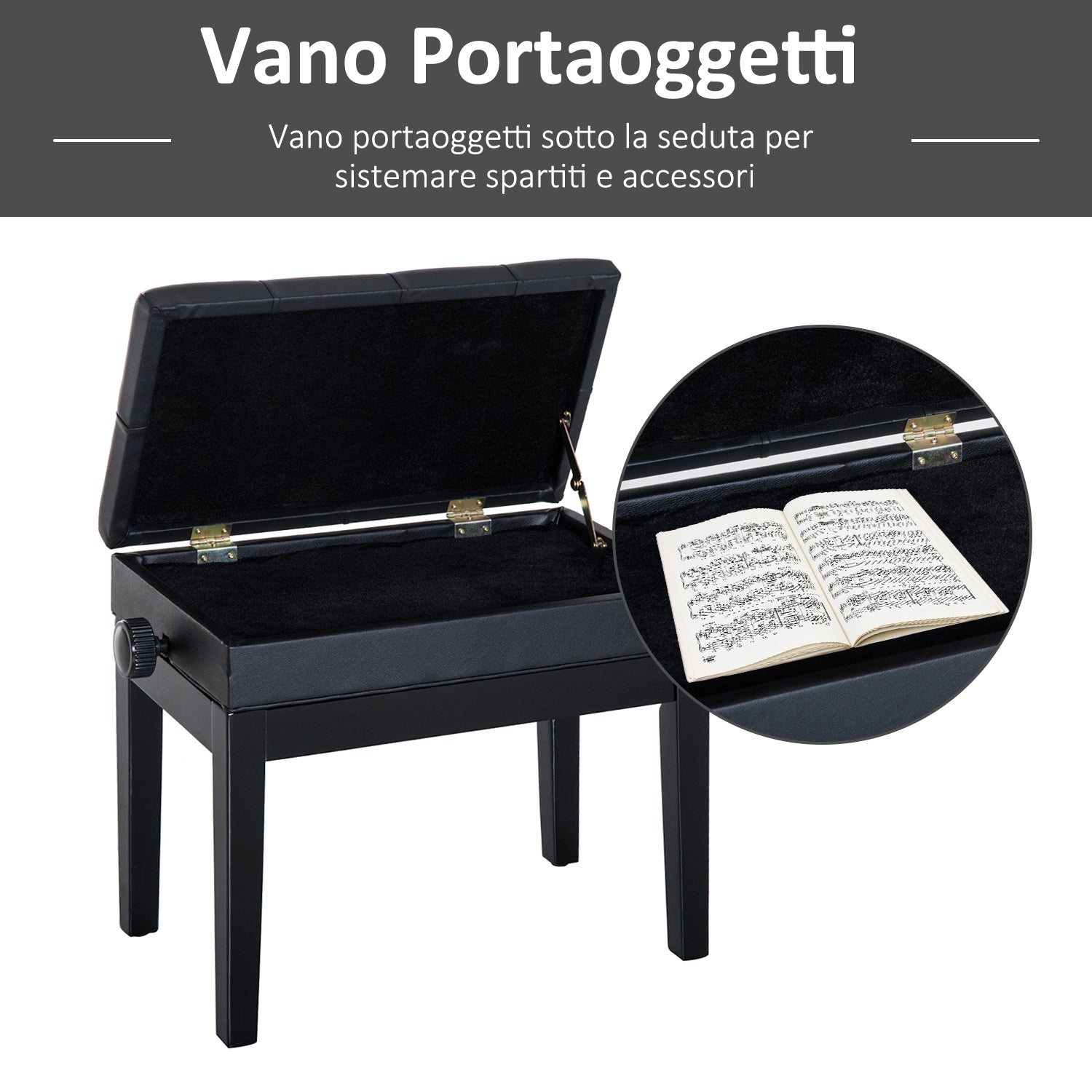 EasyComfort Sgabello per Pianoforte pianobank met opbergruimte, verstelbaar, zwart