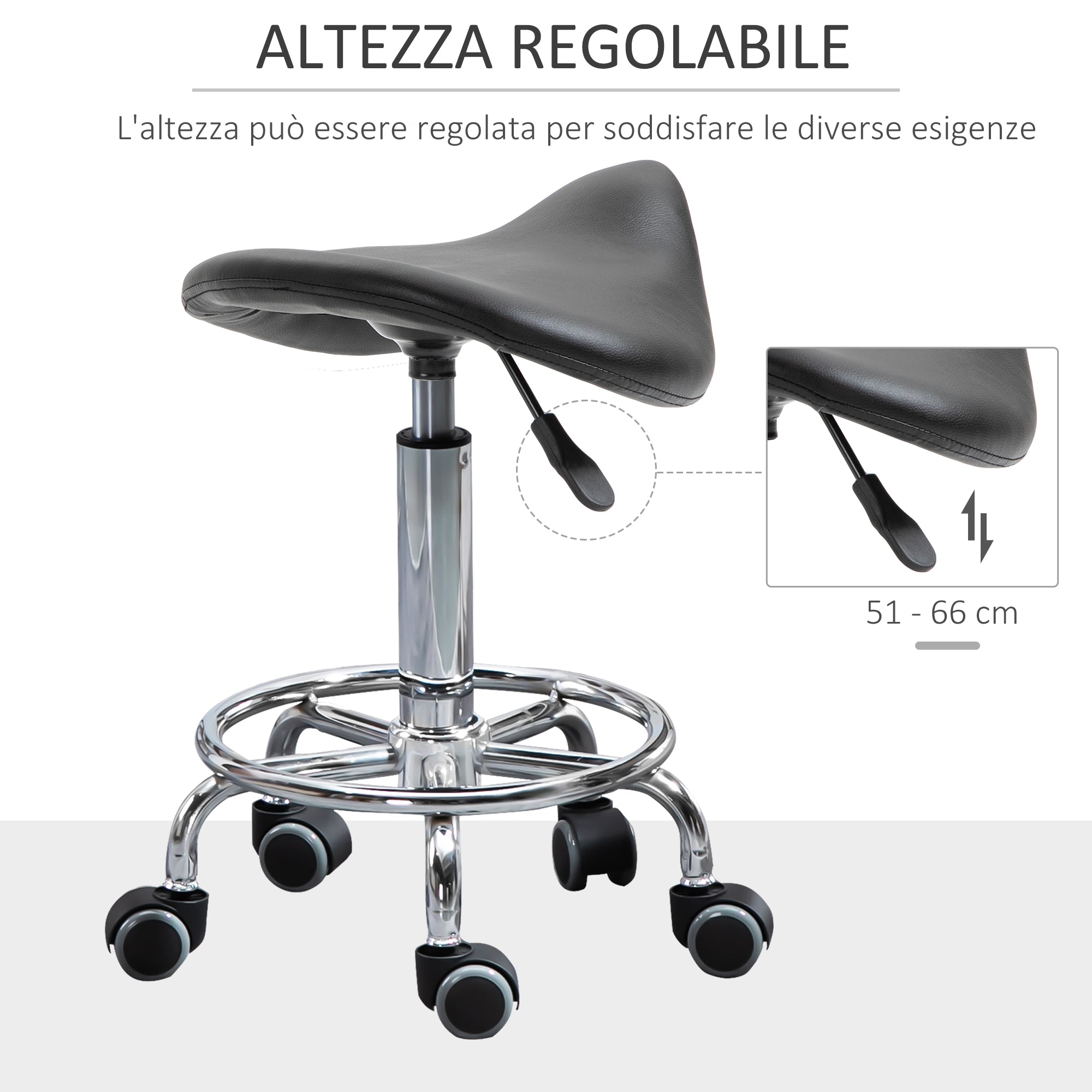 Easycomfort Sgabello Regolabile in Altezza with 5 Ruote e Seduta Ergonomica Imbottita in Gommapiuma, 36.2x37.5x51-66 cm, black