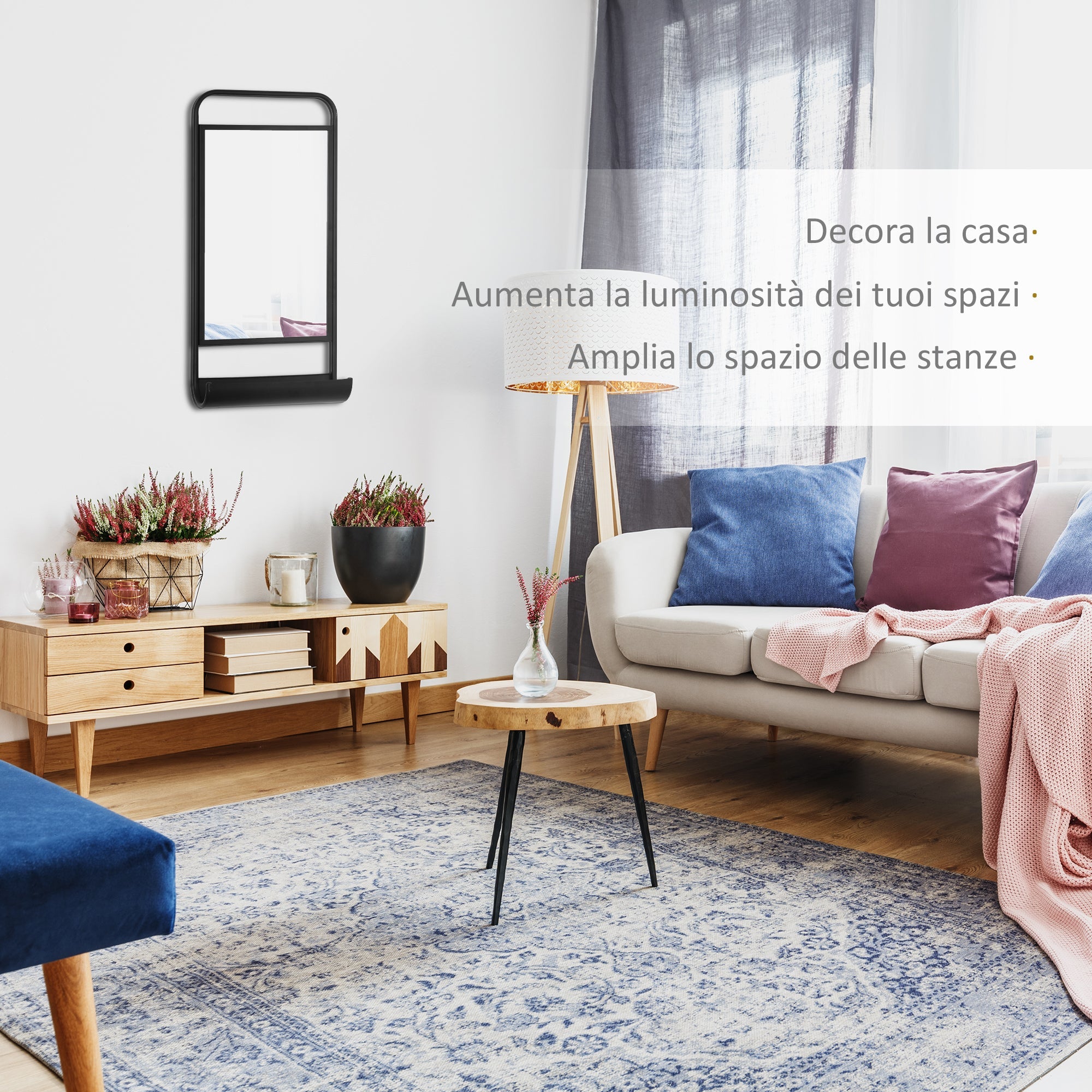 Easycomfort Specchio da Parete with Mensola Inferiore e Struttura in Metallo, 36.2x12x71.7cm, black
