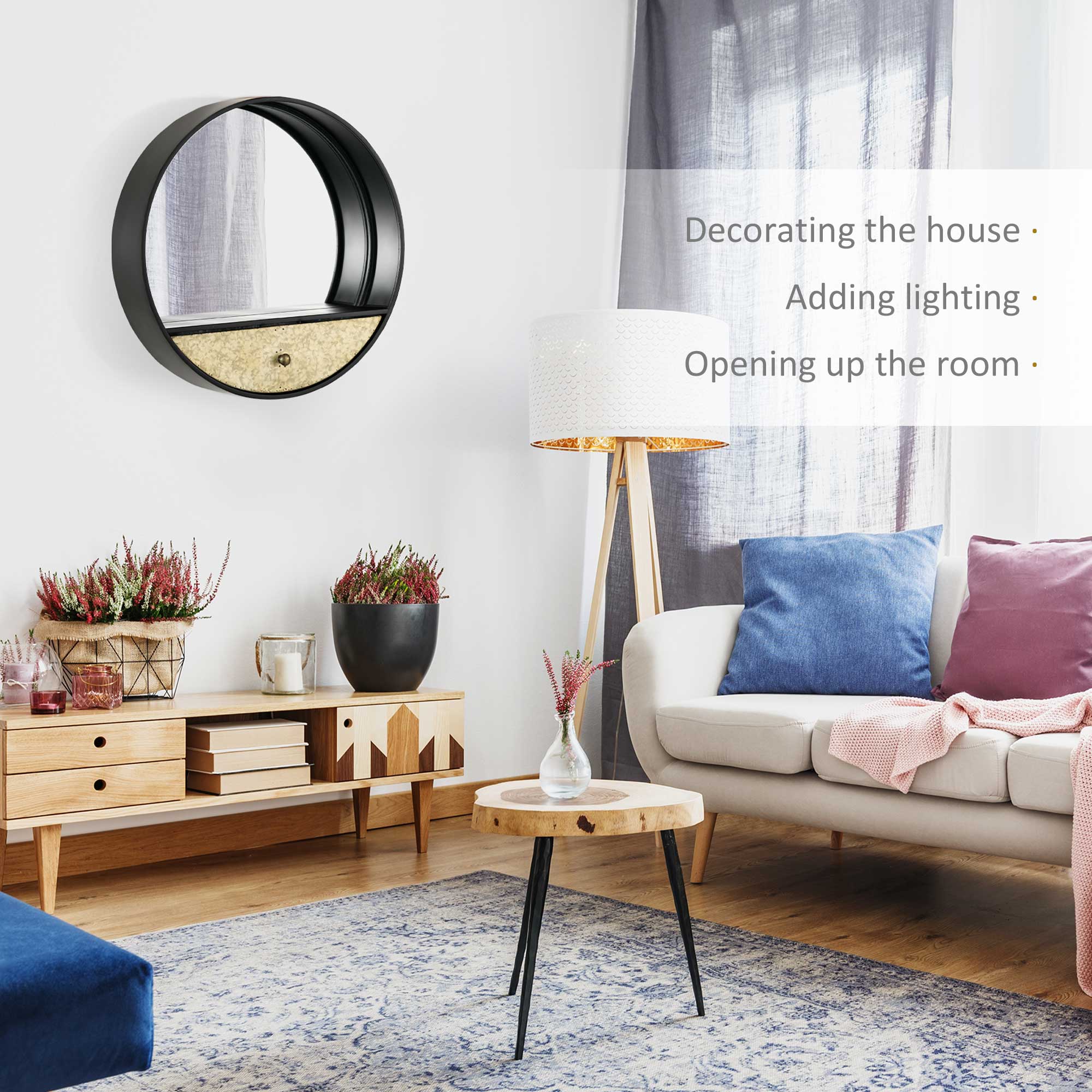 EasyComfort Spiegel rond Ø61 cm met lade en metalen rand (zwart)