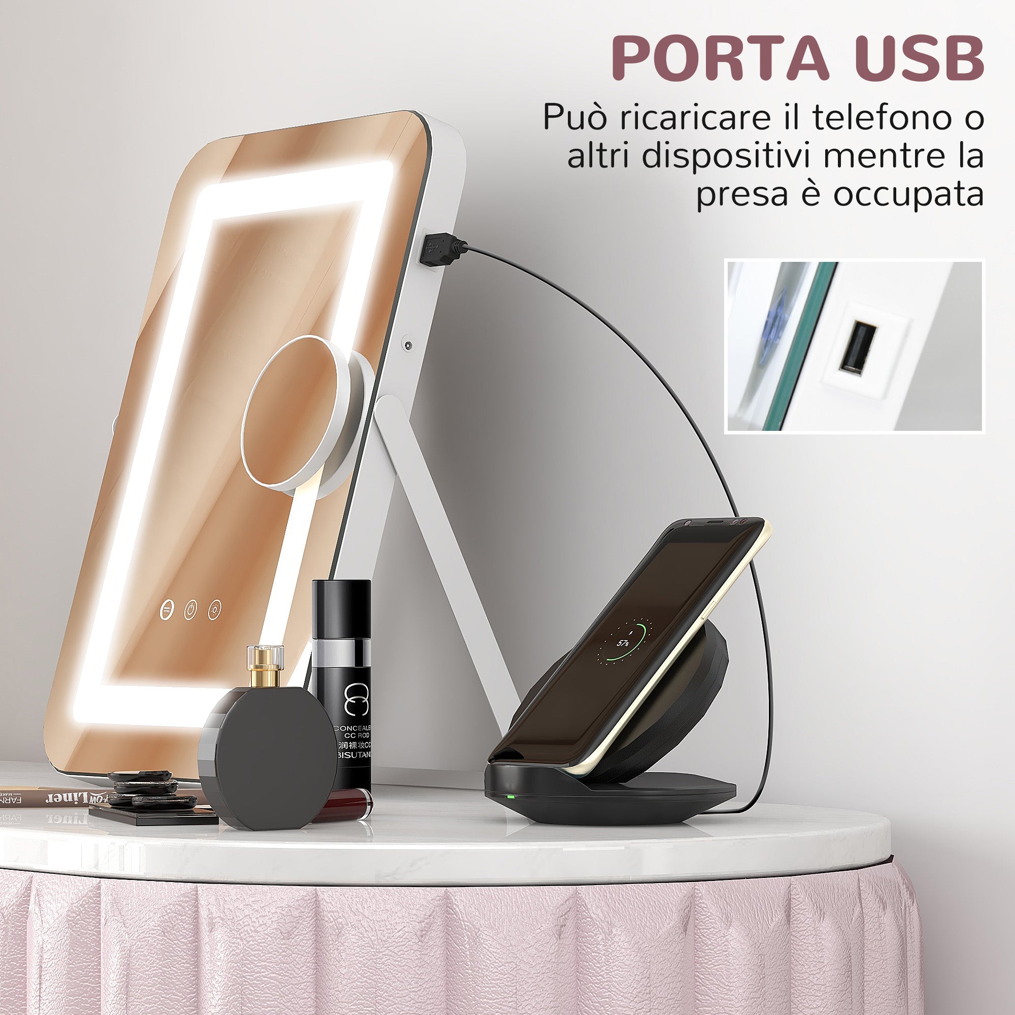 EasyComfort Make-upspiegel met 3-kleur verlichting, USB en 10x vergroot, 31x41,5 cm