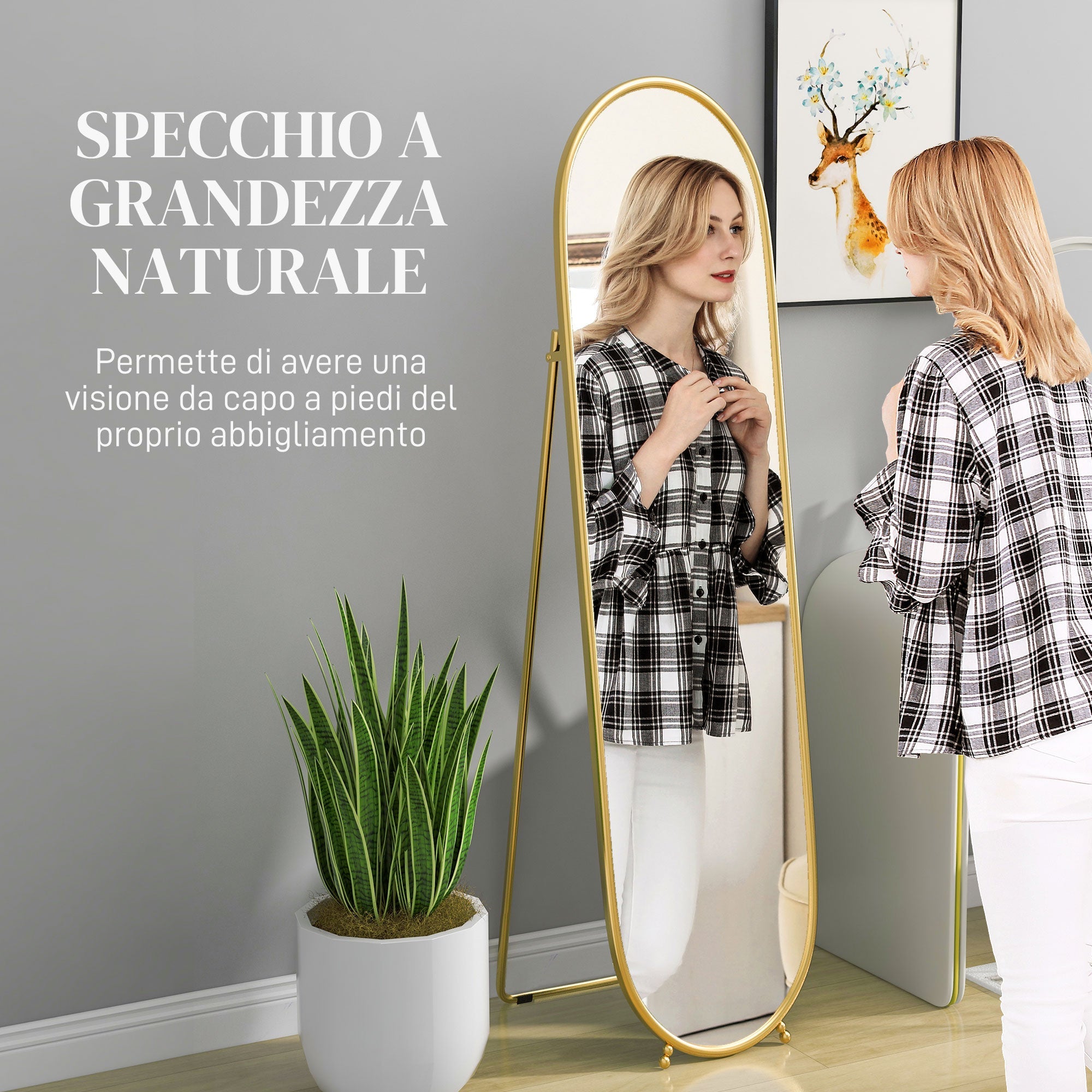 EasyComfort Specchio Verticale Ovale da Terra with Supporto, in Vetro e Metallo, 40x41x159 cm, Tonalità Oro