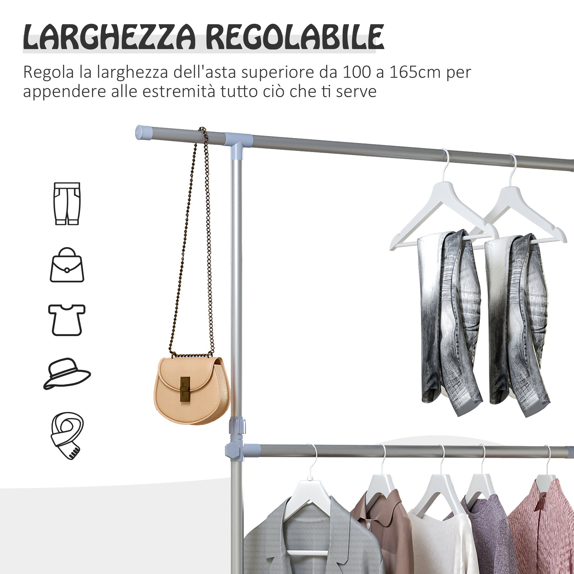 Easycomfort Stender Appendiabiti with Altezza ed Estensione Regolabili, 4 Ruote Girevoli, Acciaio Inox e ABS, 165x48x180cm