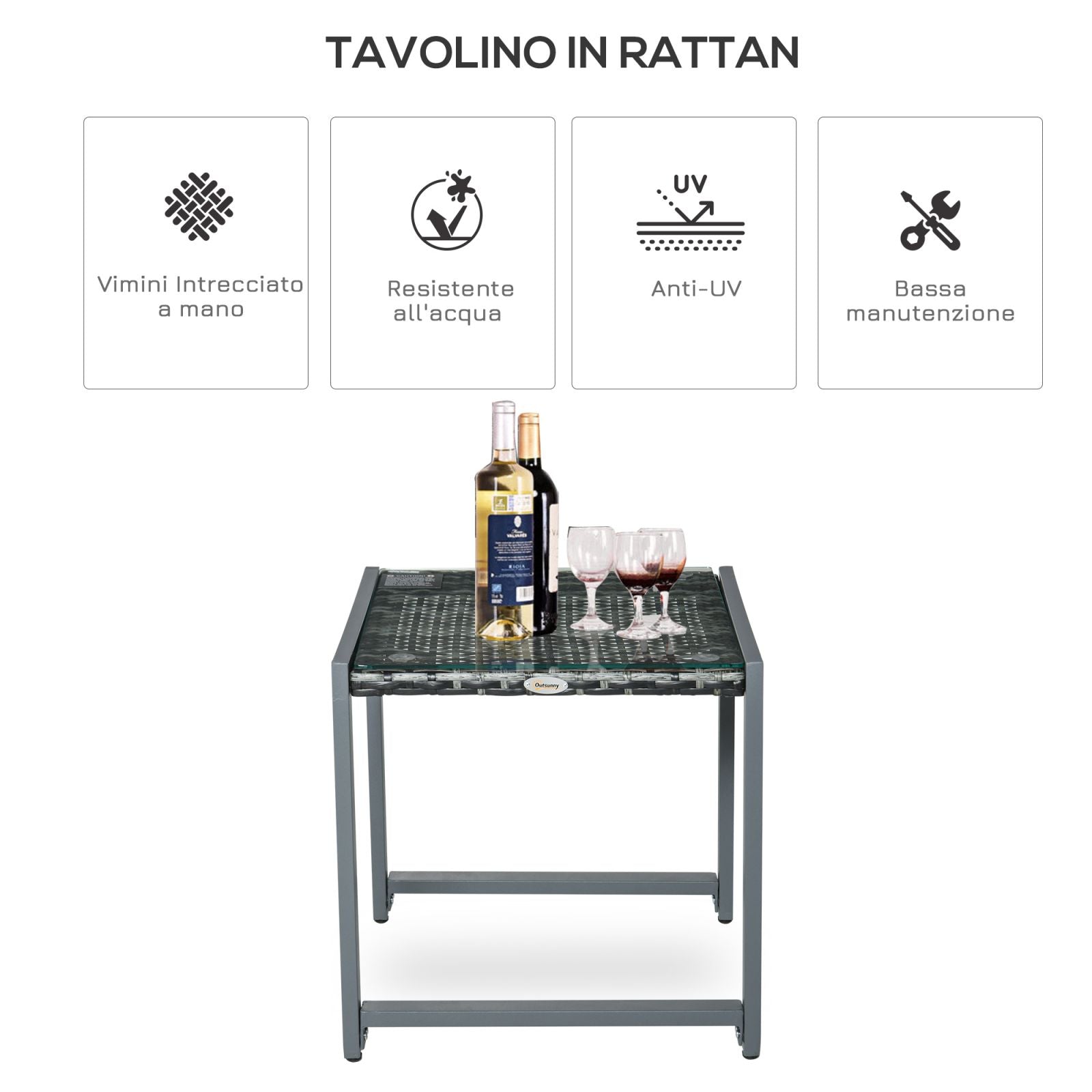 Easycomfort Tavolino da Caffè da Giardino Piano in Vetro Temperato in Rattan Alluminio 50 x 49,5 x 50 cm