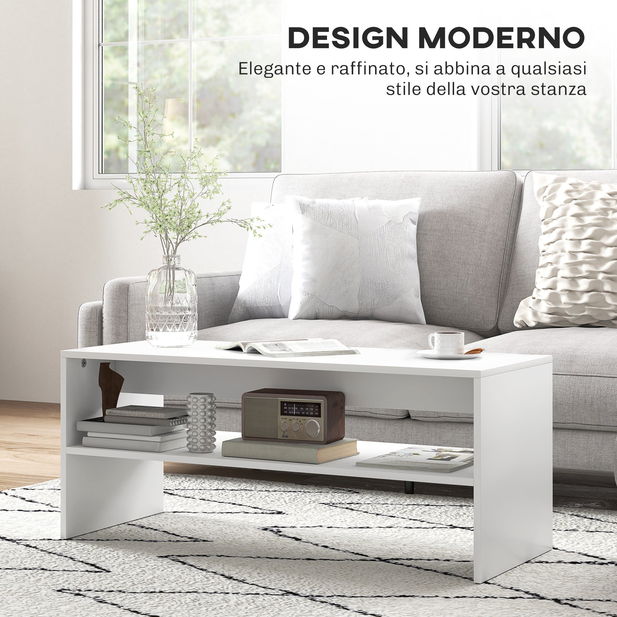 EasyComfort Tavolino da Caffè Moderno in Legno a 2 Livelli with Ripiano Aperto, 100x40x41.5 cm, white