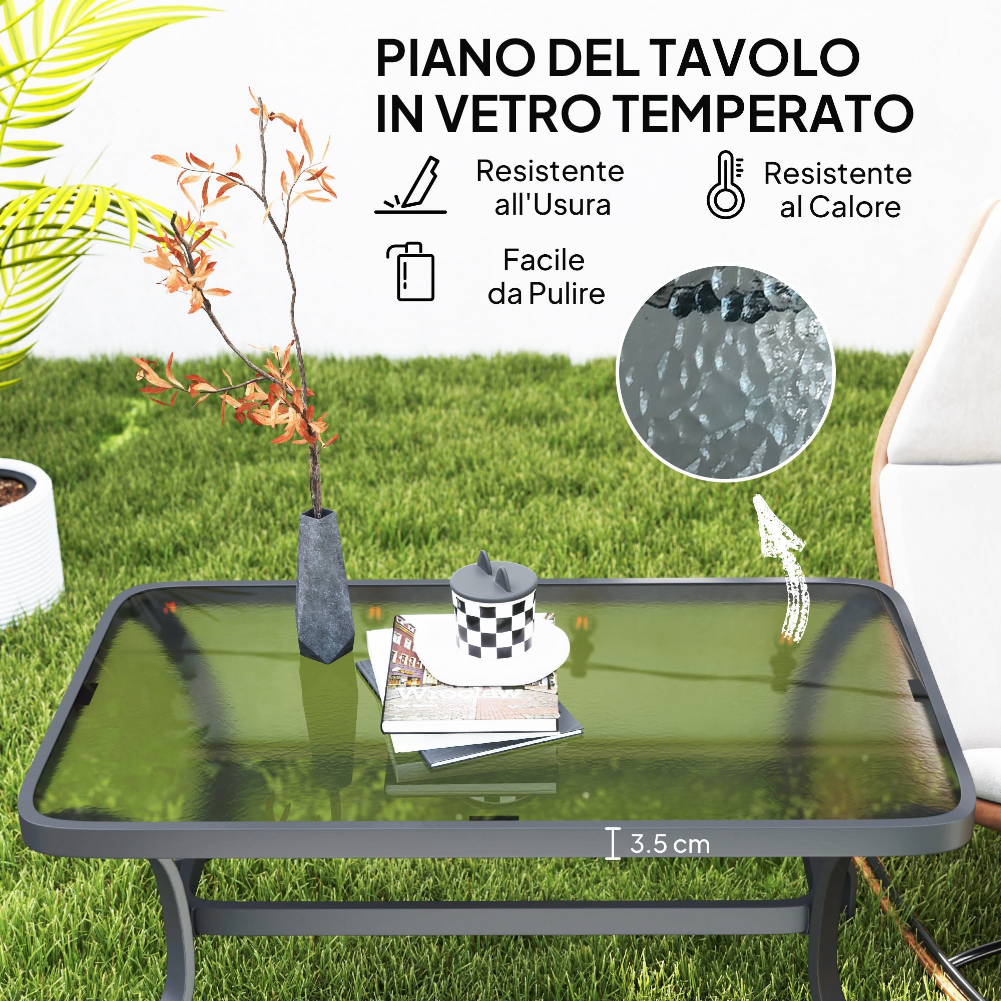 EasyComfort Tavolino da Esterno Rettangolare in Metallo black with Piano in Vetro Temperato, 95x55x46 cm