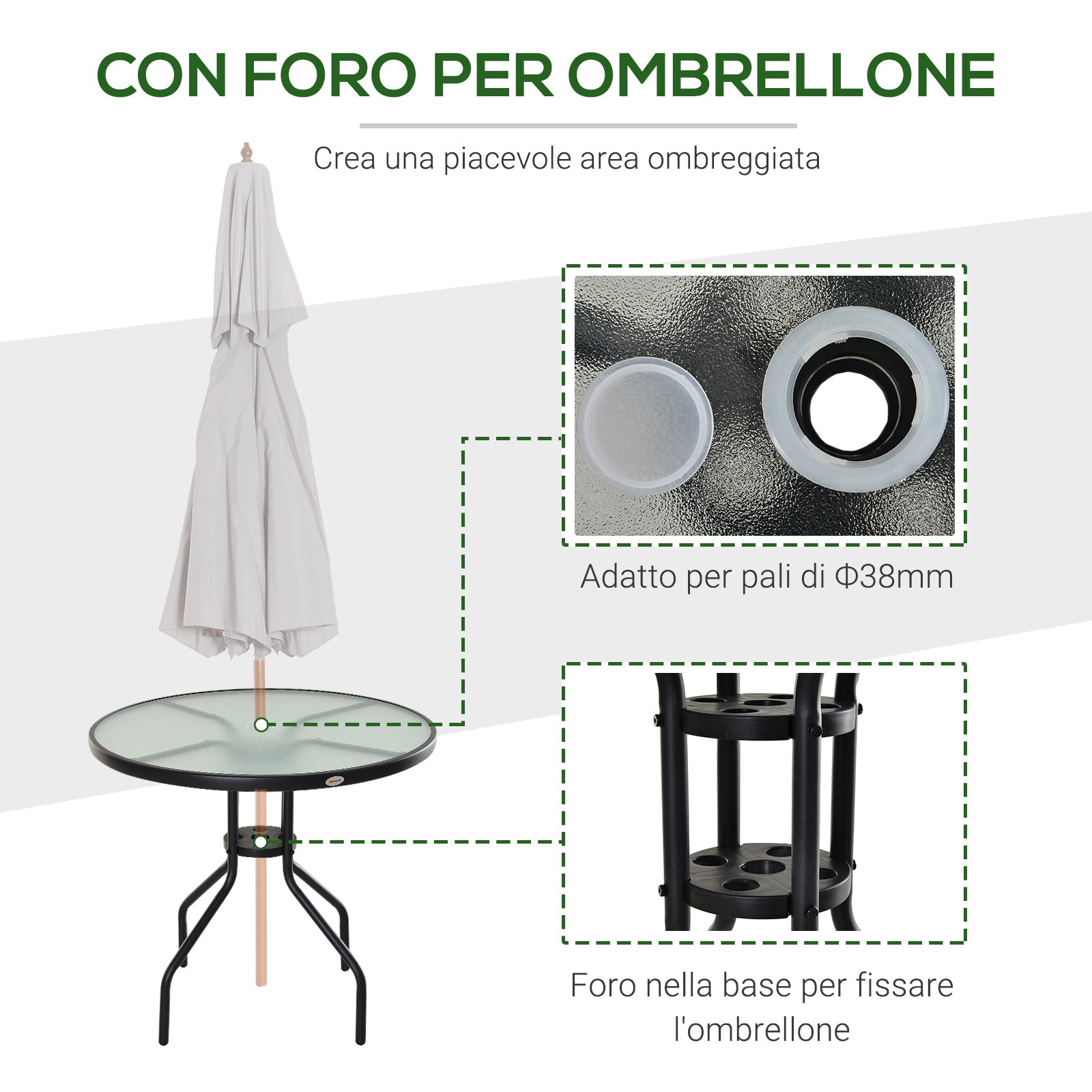 Easycomfort Tavolino da Giardino with Piano in Vetro Temperato e Foro per Ombrellone Acciaio Ф80 x 72 cm black