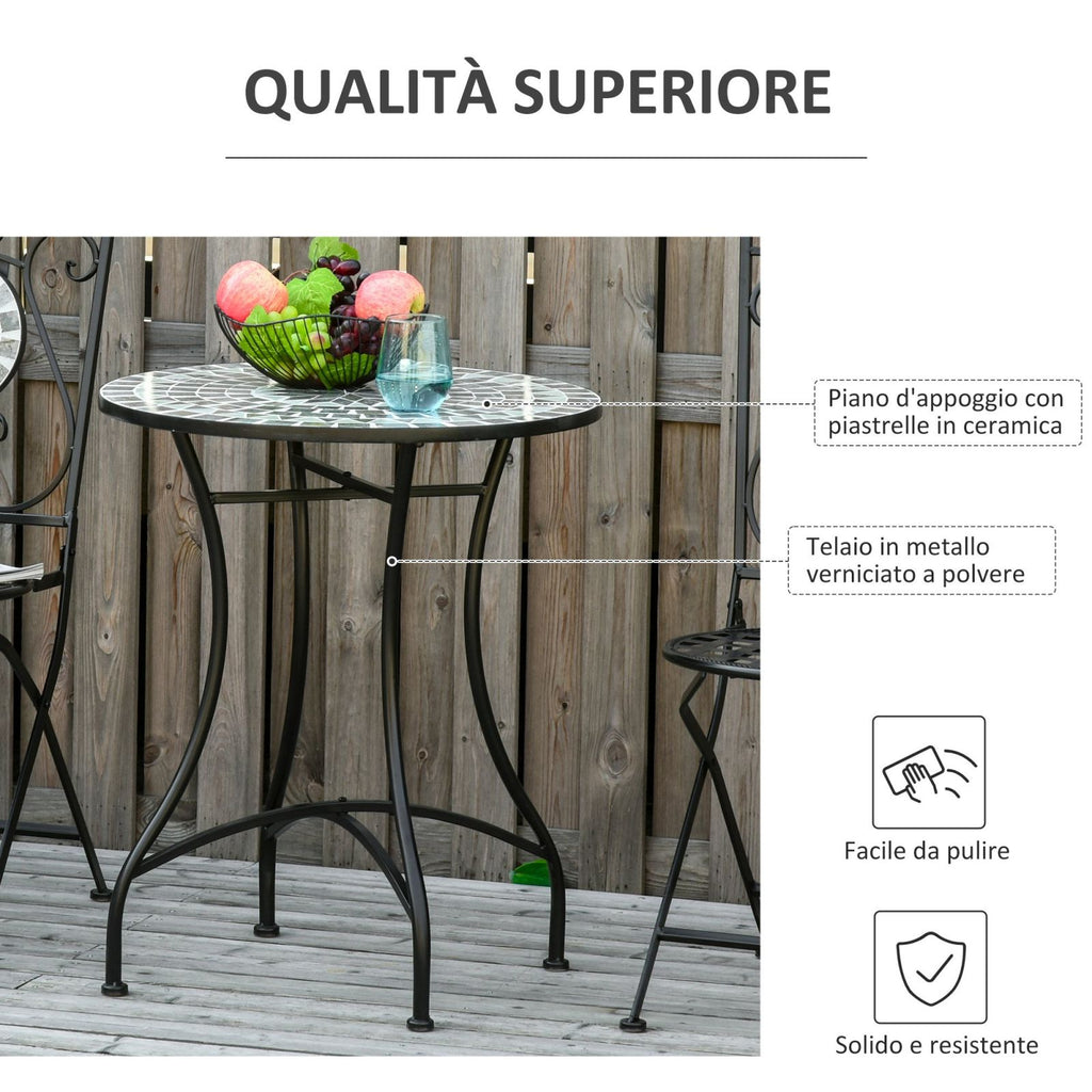 EASYCOMFORT Garden Coffee Table in Metal and Ceramic, Outdoor Table for Terrace or Balcony, Ф60x71cm, Black
