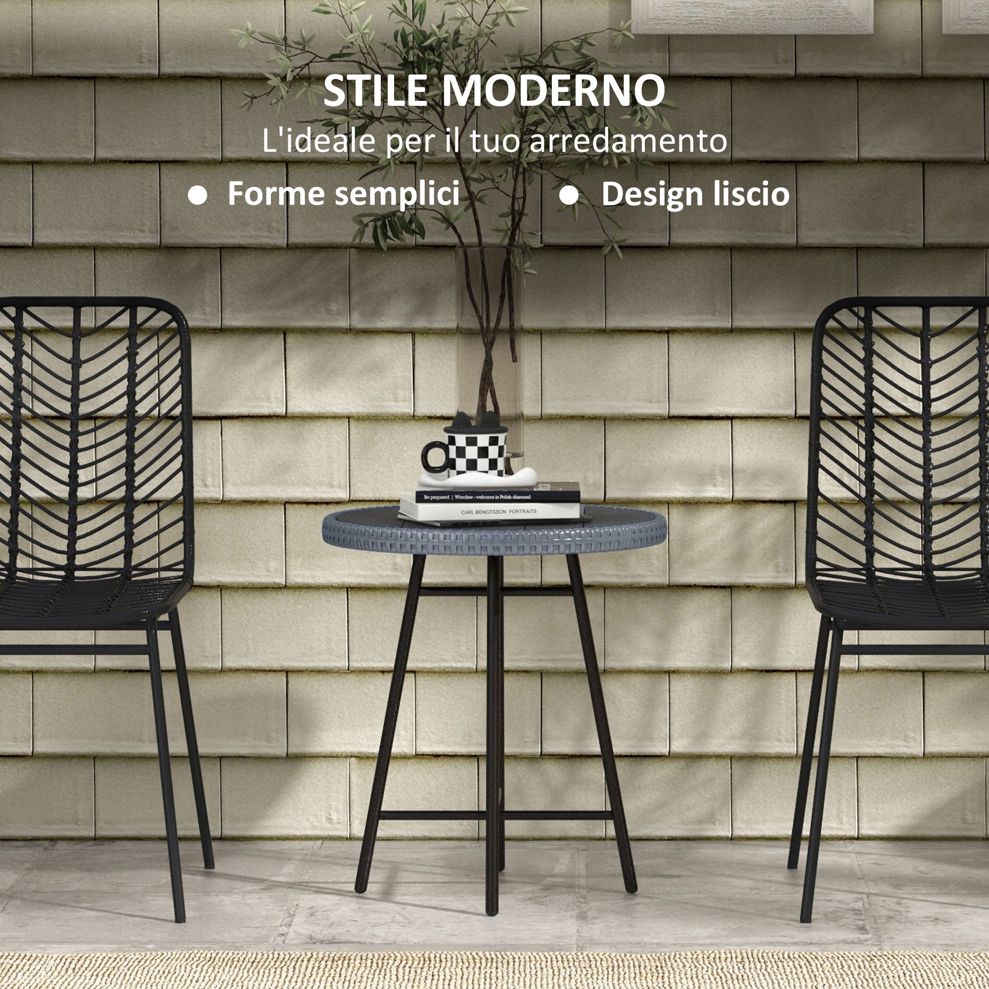 EasyComfort Tavolino da Giardino Moderno con Piano in Plastica di Legno, in Rattan e Acciaio, 50x50x55 cm, Grigio e Nero