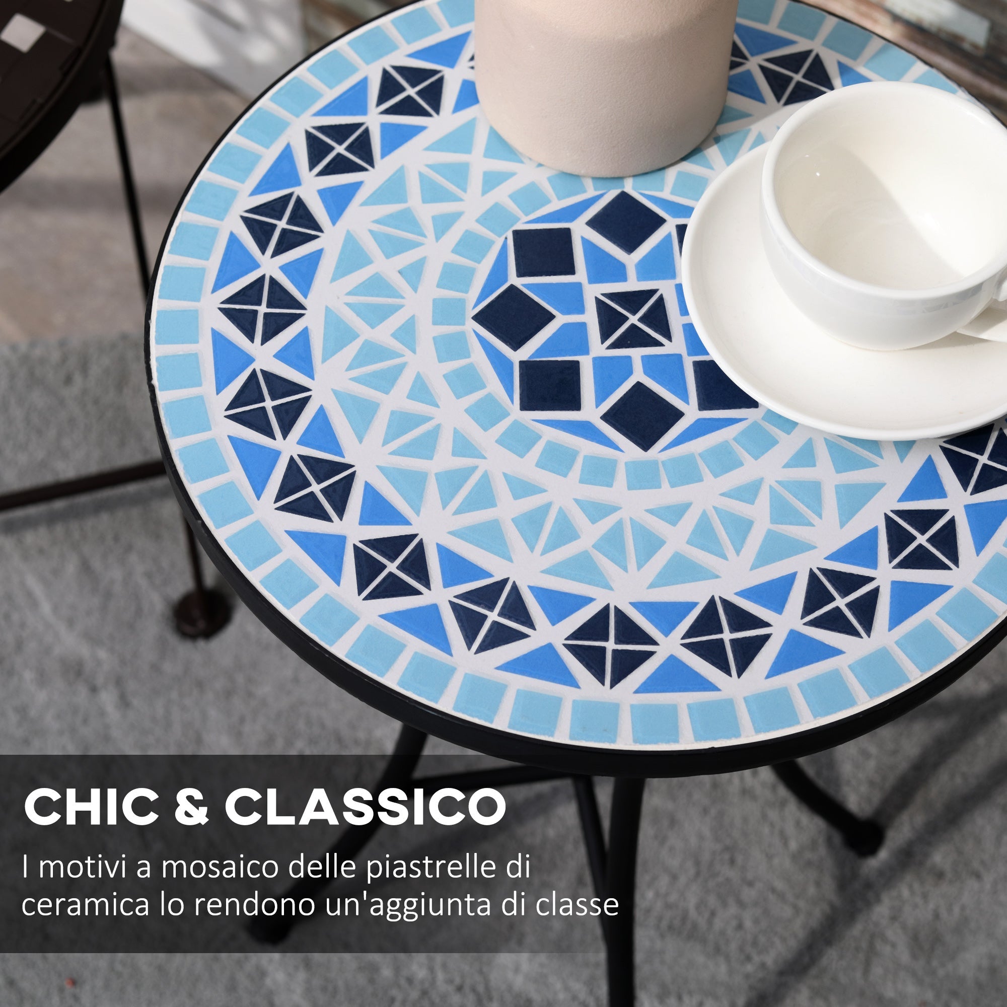 EASYCOMFORT Round Mosaic Garden Coffee Table in Metal with Ceramic Top, Ф35.5x53.5cm, Blue