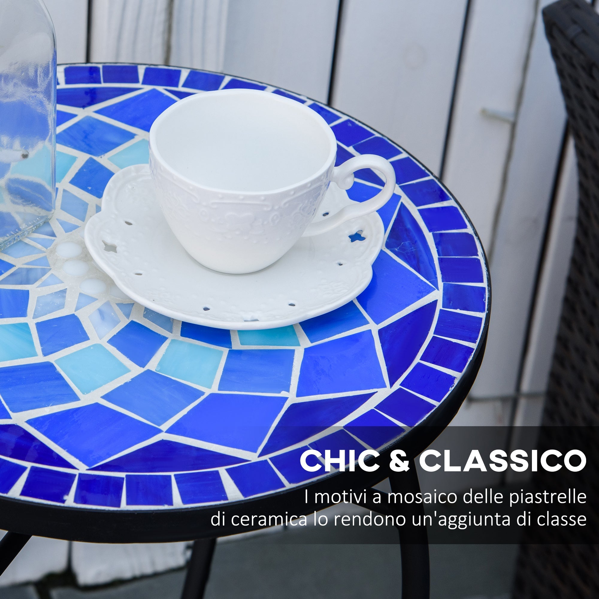 EASYCOMFORT Round Mosaic Garden Coffee Table in Metal with Ceramic Top, Ф35.5x53.5cm