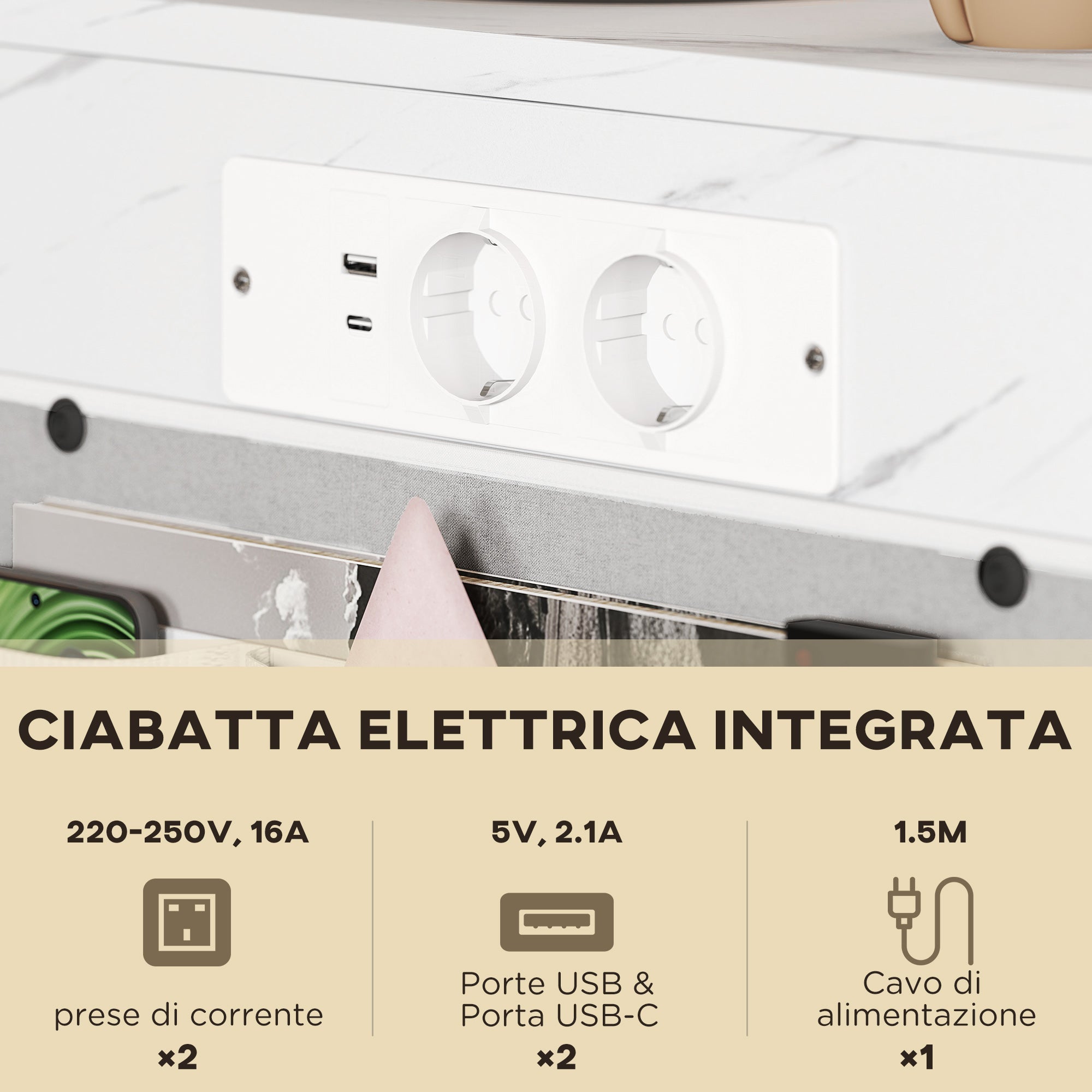 EasyComfort C‑vormige bijzettafel marmerlook met stopcontacten en USB, wit