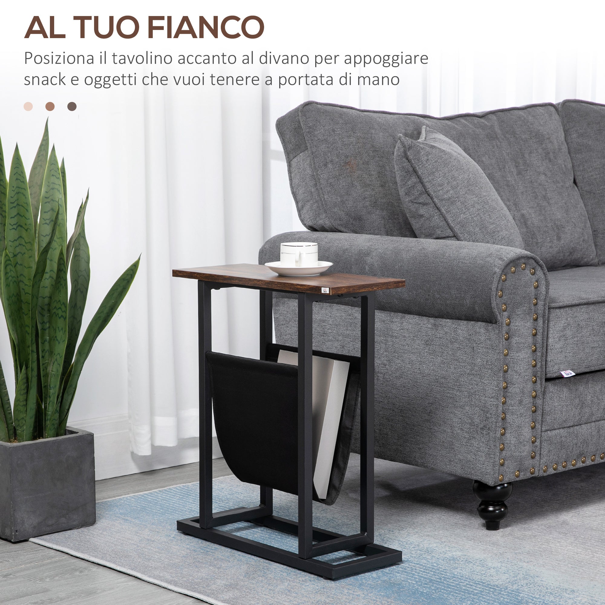 Easycomfort Tavolino da Salotto in Truciolato e Acciaio with Borsa Portaoggetti in Tessuto Oxford, 49x19x55 cm, Marrone e black