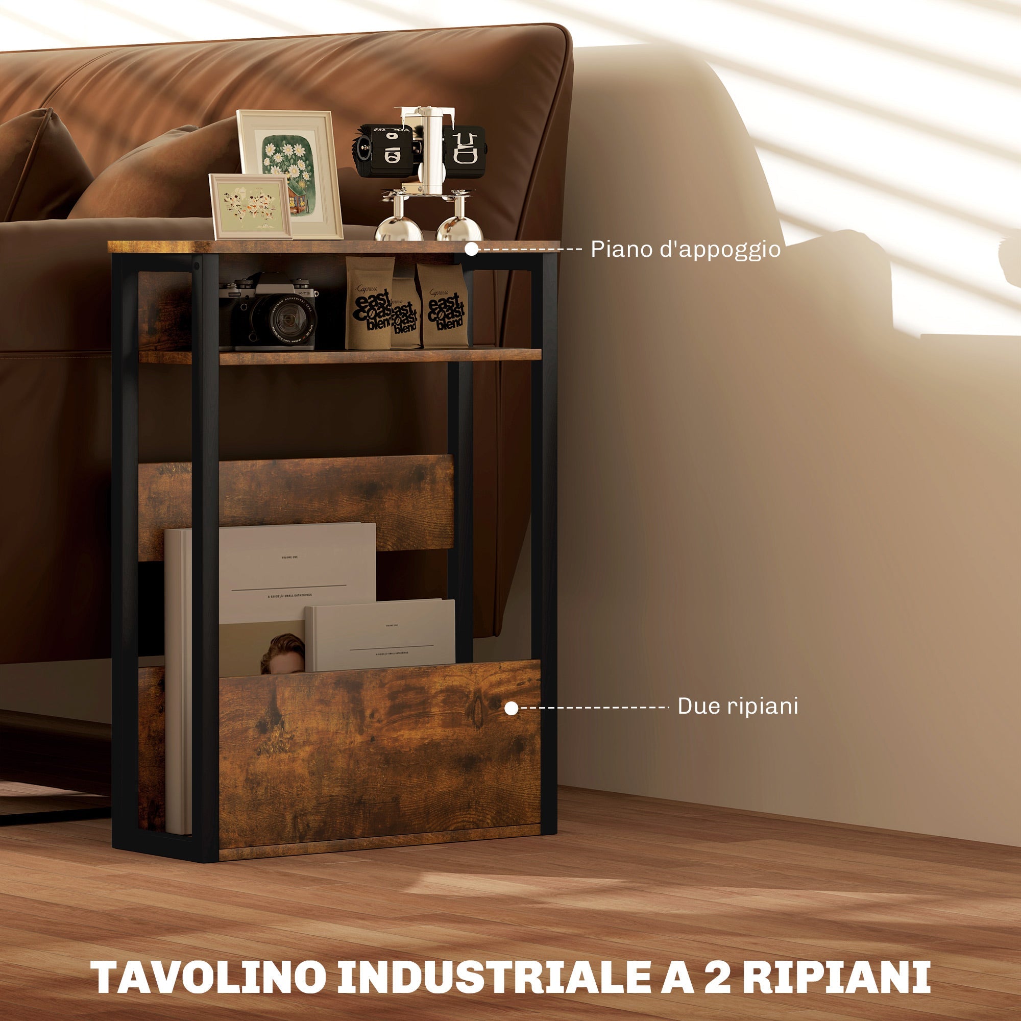 EasyComfort Tavolino da Soggiorno in Stile Industriale with 2 Ripiani, in Legno e Metallo, 46x18x58.5 cm, Marrone