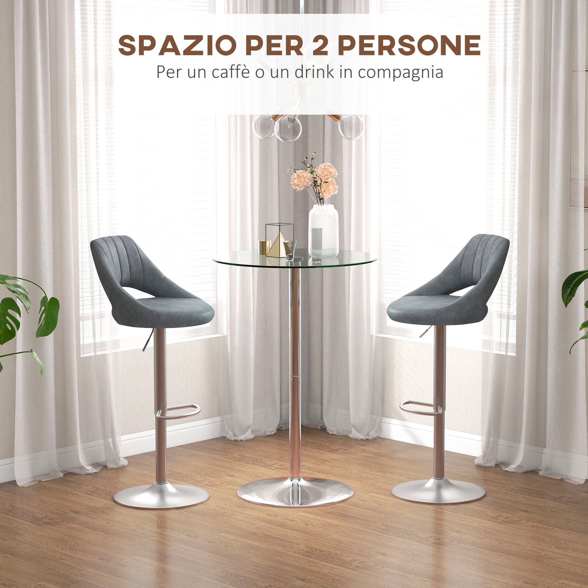 EasyComfort Tavolo Alto da Bar Moderno Rotondo with Base in Acciaio e Piano in Vetro, Ø70x102cm, Trasparente