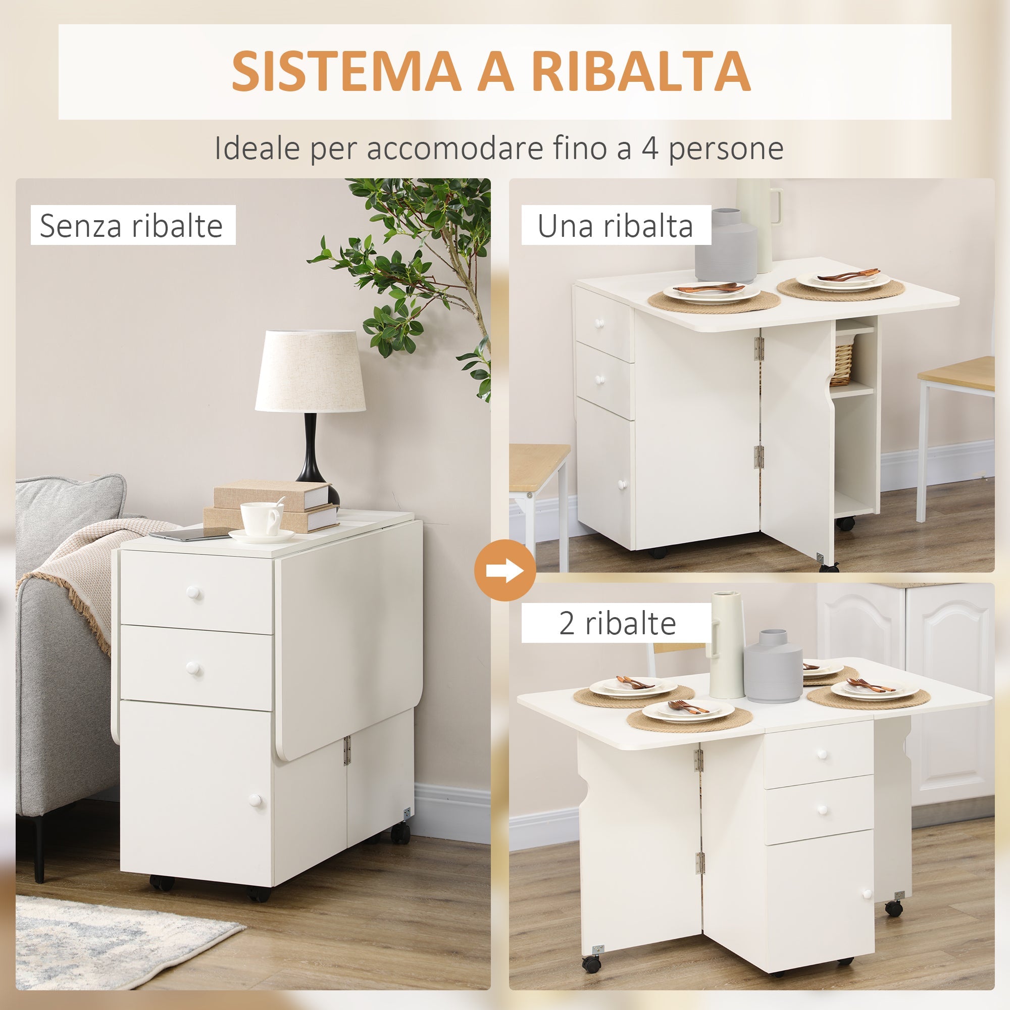 EasyComfort Tavolo da Cucina a Ribalta with 2 Cassetti e Armadietto ad Ante, in Truciolato, 120x80x75 cm, white