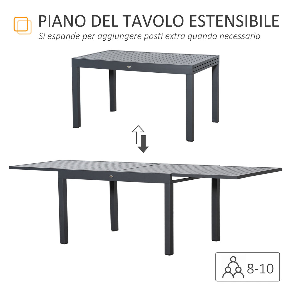 EASYCOMFORT Extendable Garden Table for 8-10 People, in Aluminium, 135-270x90x75cm, Gray