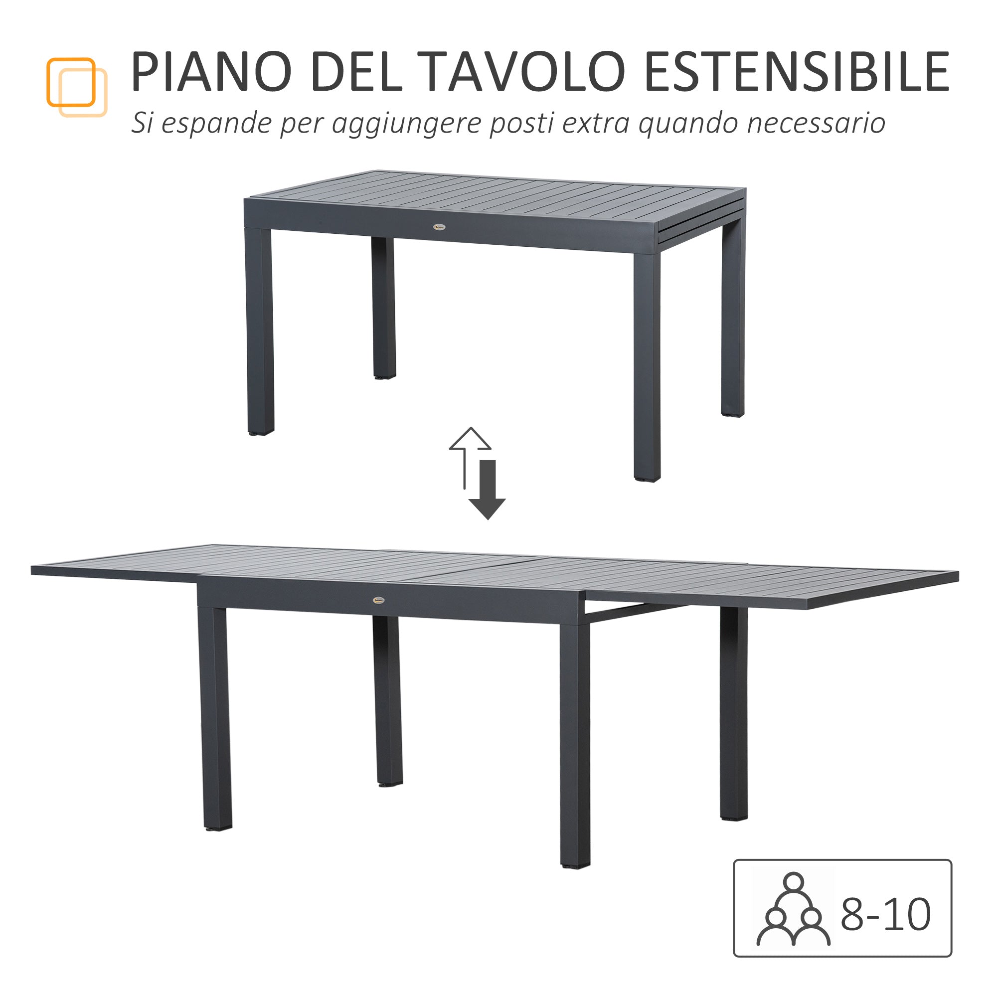 EASYCOMFORT Extendable Garden Table for 8-10 People, in Aluminium, 135-270x90x75cm, Gray