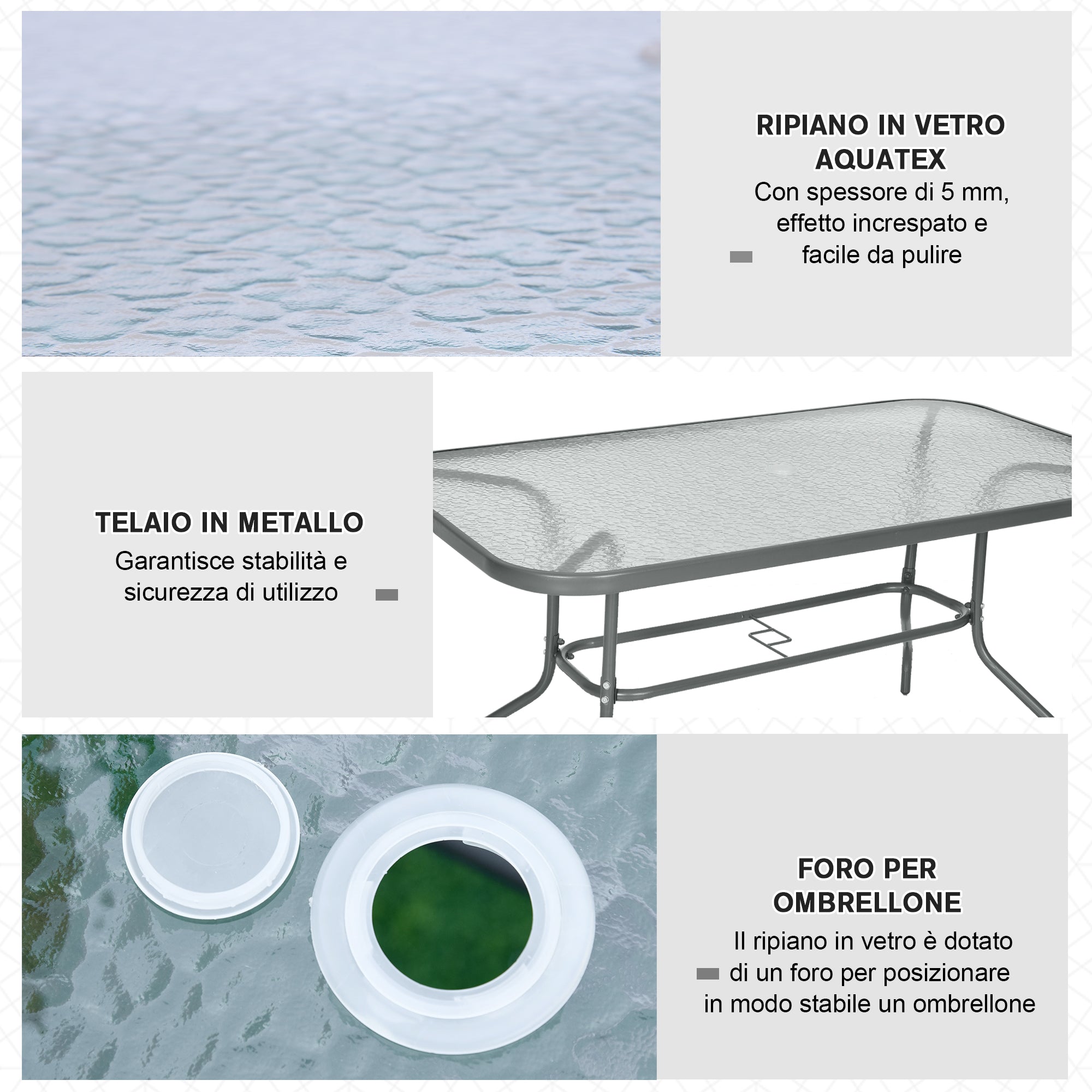 Easycomfort Tavolo da Giardino with Foro per Ombrellone, Arredamento da Esterno in Metallo e Vetro 140x80x70cm Grigio