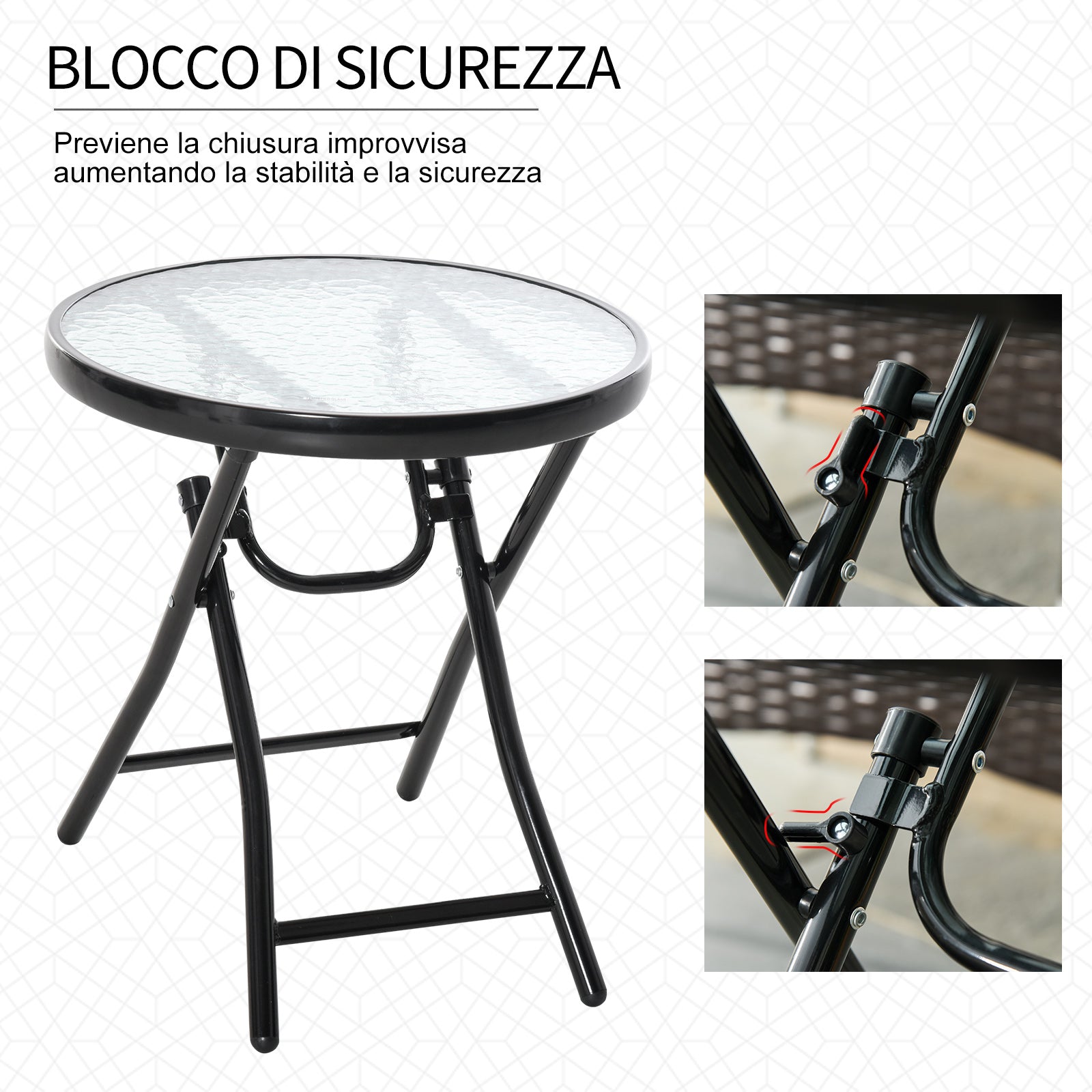 Easycomfort Tavolo da Giardino Pieghevole in Metallo, Tavolino da Giardino Piccolo with Ripiano in Vetro e Blocco di Sicurezza, Φ45x50cm black