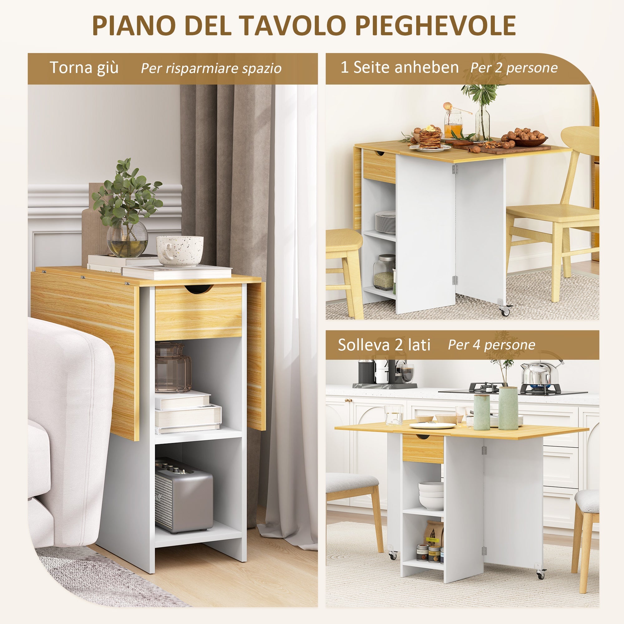 EasyComfort Opvouwbare eettafel 2–4 personen met 2 uitslaande bladen, lade, eik