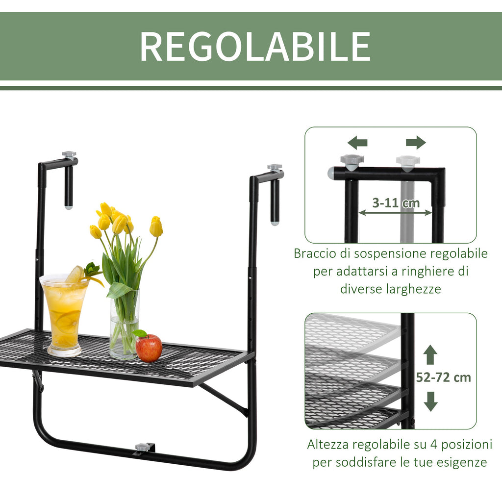 Easycomfort Tavolo da Ringhiera Pieghevole e Regolabile in Metallo, 60x60x57-72cm, black