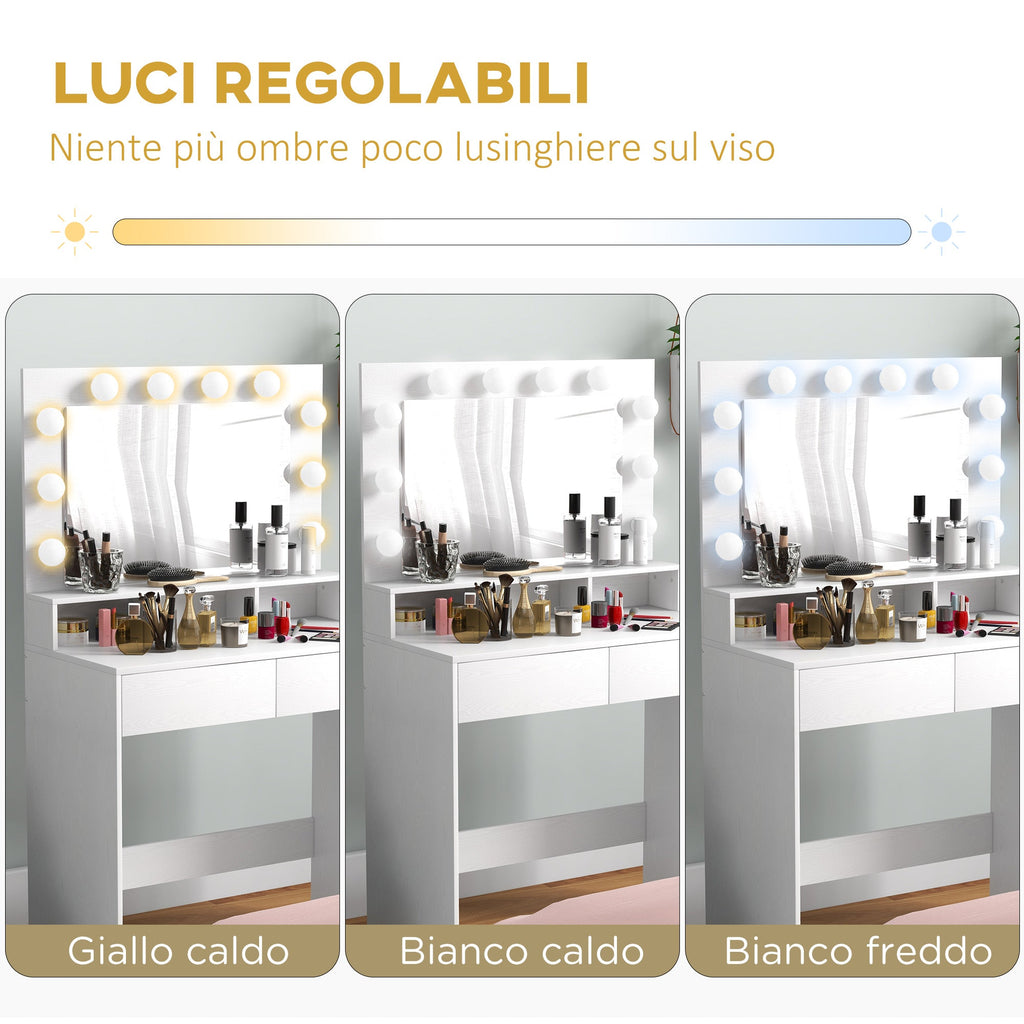 EasyComfort Tavolo da Trucco toilettafel met spiegel en 10 dimbare LED-lampen, 80x40x135 cm